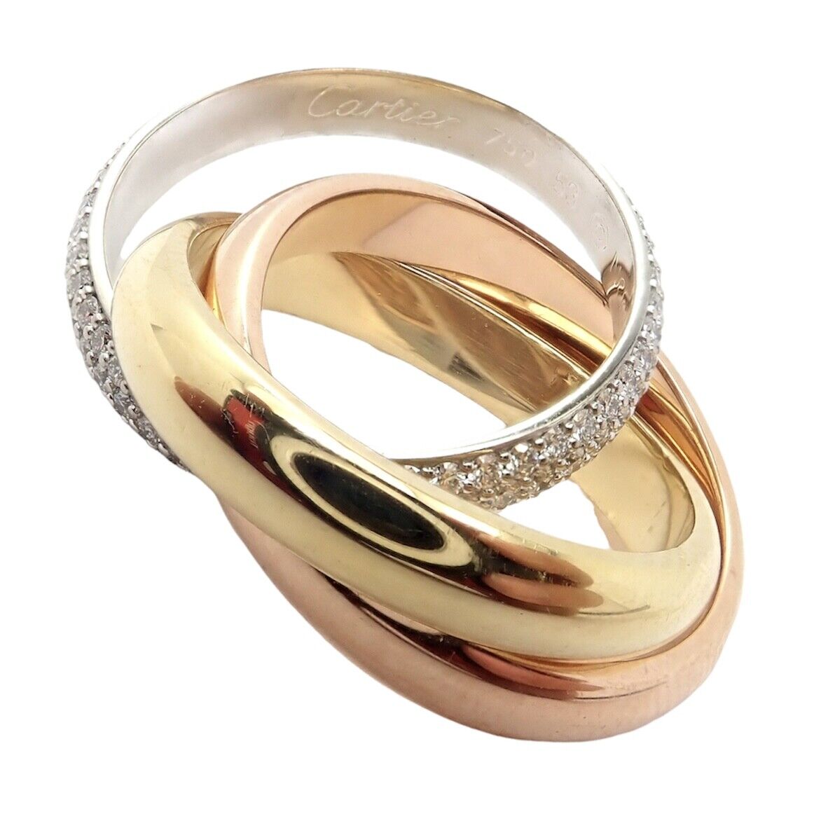 Authentic! Cartier Trinity Classic Diamond 18k White Yellow Rose Gold Band Ring | Fortrove