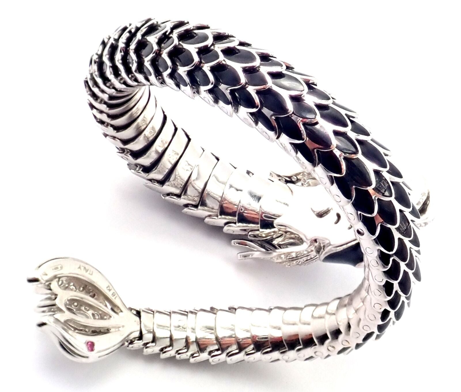Authentic! Roberto Coin Nemo 18k White Gold Diamond Ruby Enamel Cuff Bracelet | Fortrove