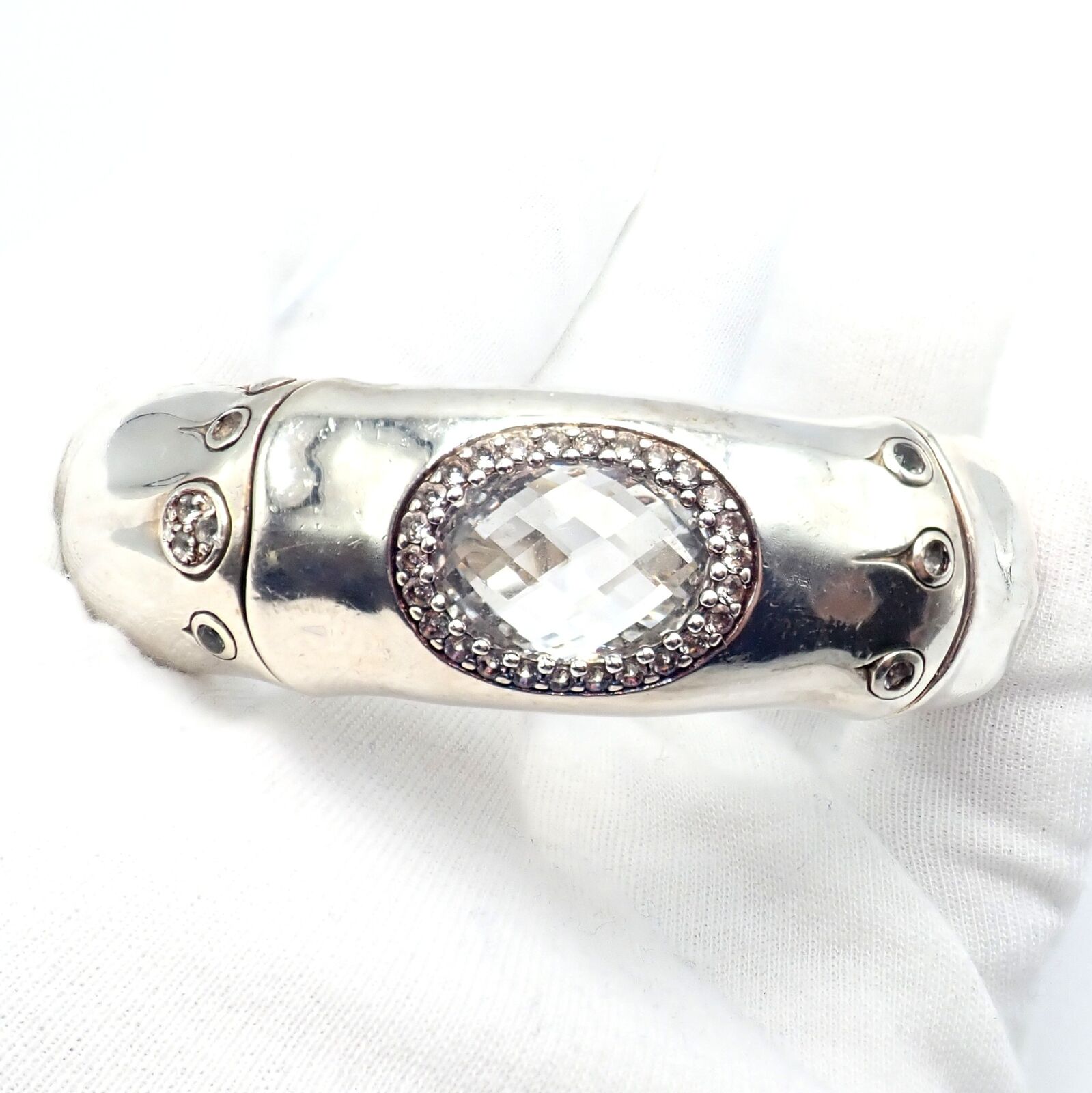 Authentic! John Hardy Silver White Topaz 30 Bamboo Large Cuff Bracelet | Fortrove
