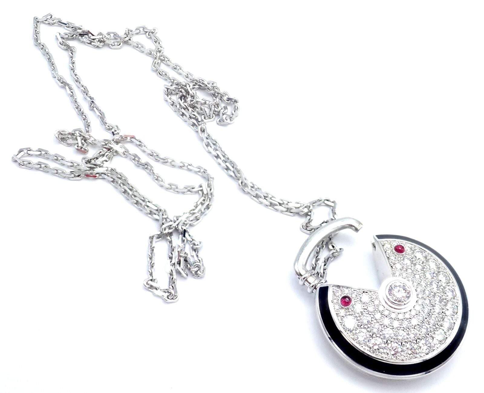 Authentic! Cartier Amulette 18k White Gold Diamond Ruby Large Pendant Necklace | Fortrove