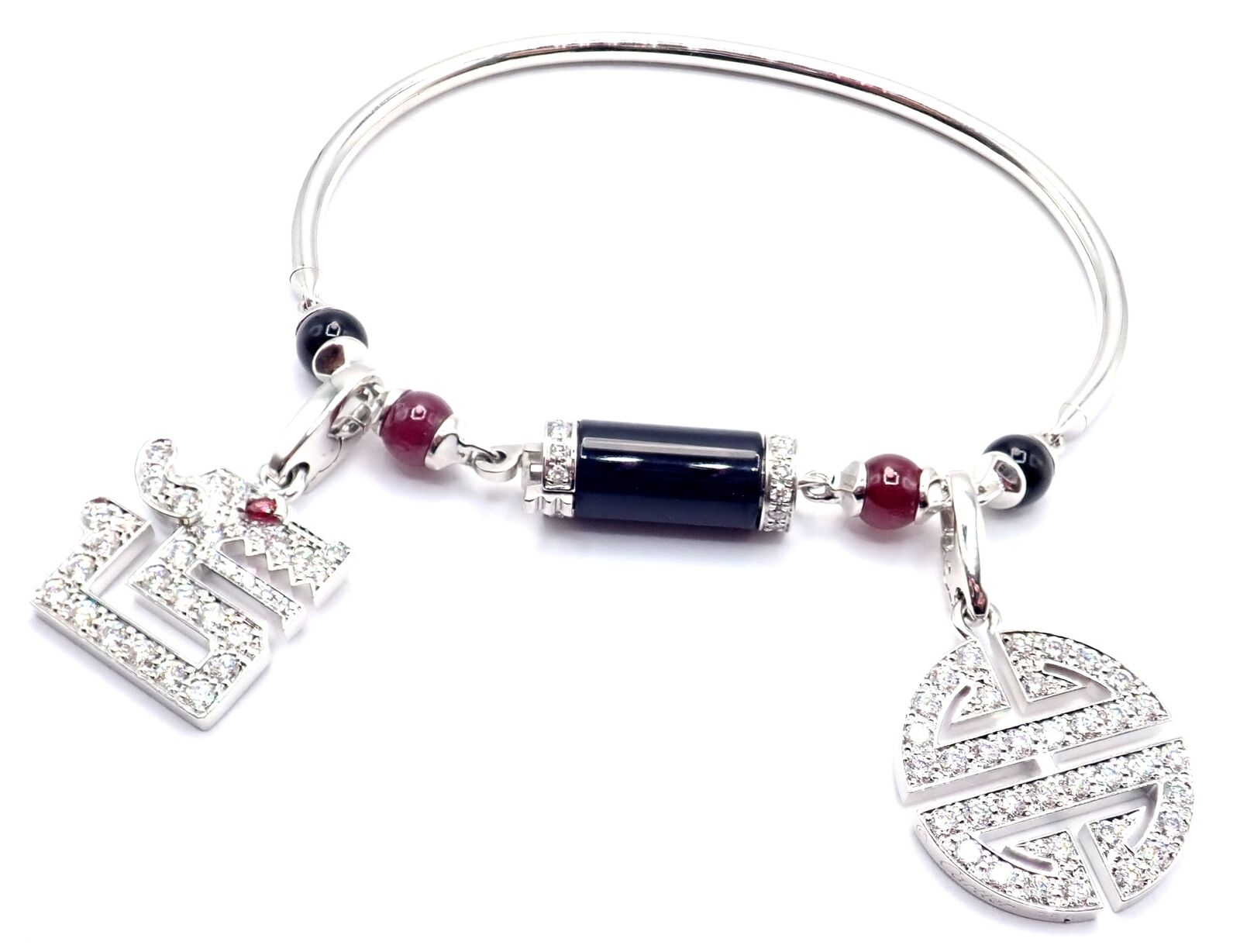 Cartier Le Baiser Du Dragon 18k Gold Diamond Ruby Onyx 2 Charms Bangle Bracelet | Fortrove