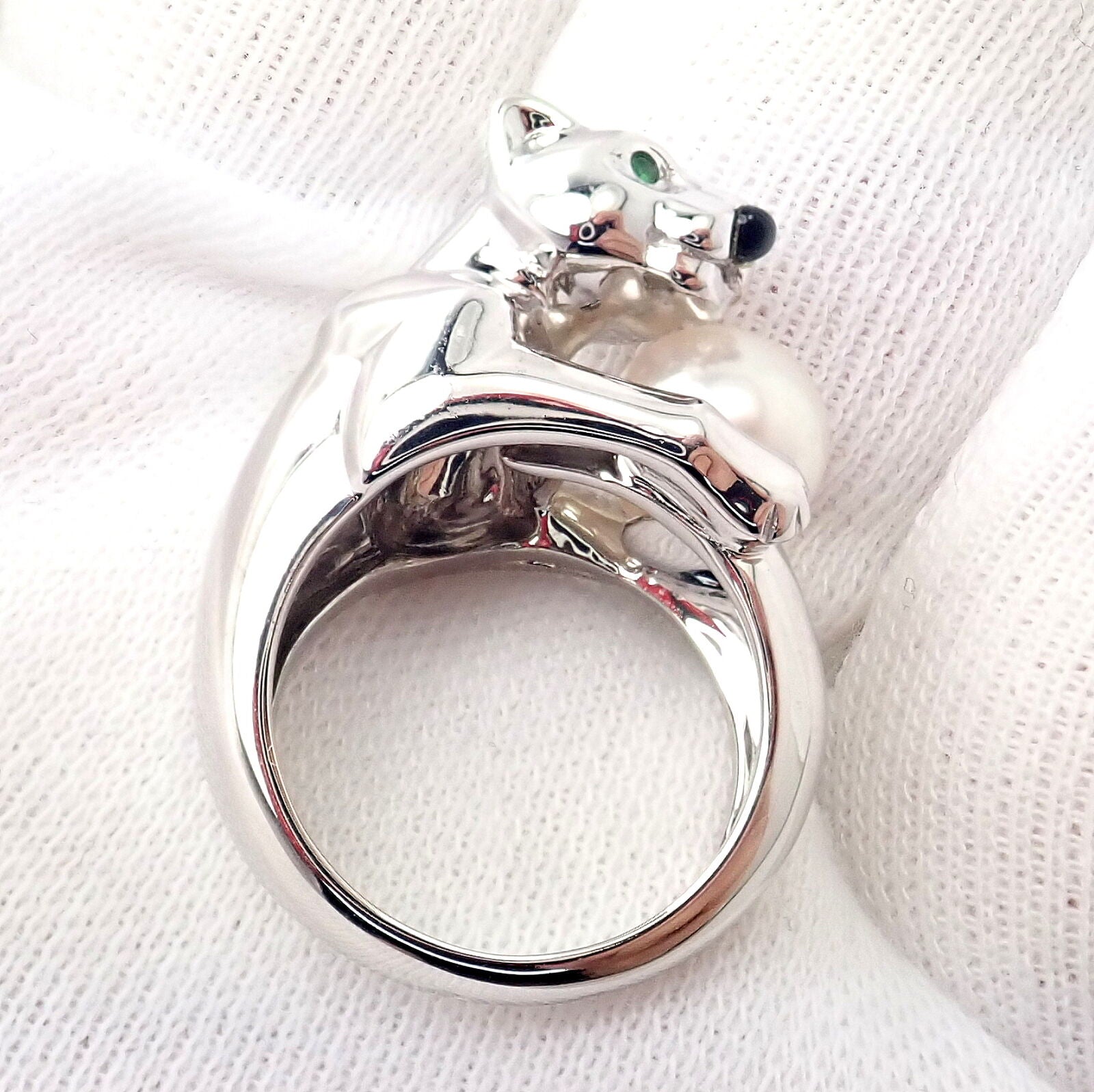 Authentic! Cartier 18k White Gold Panther Panthere Onyx Tsavorite Pearl Ring | Fortrove