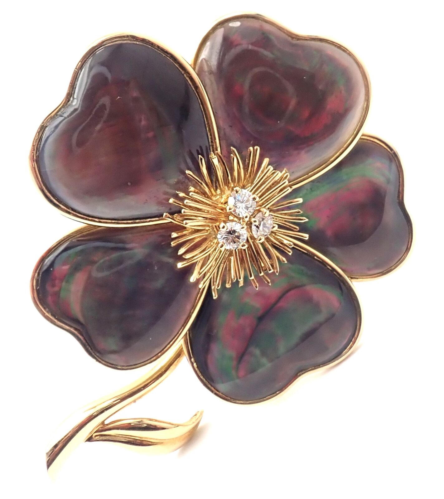 Van Cleef & Arpels Clématite 18k Yellow Gold Diamond Gray Mother of Pearl Brooch | Fortrove