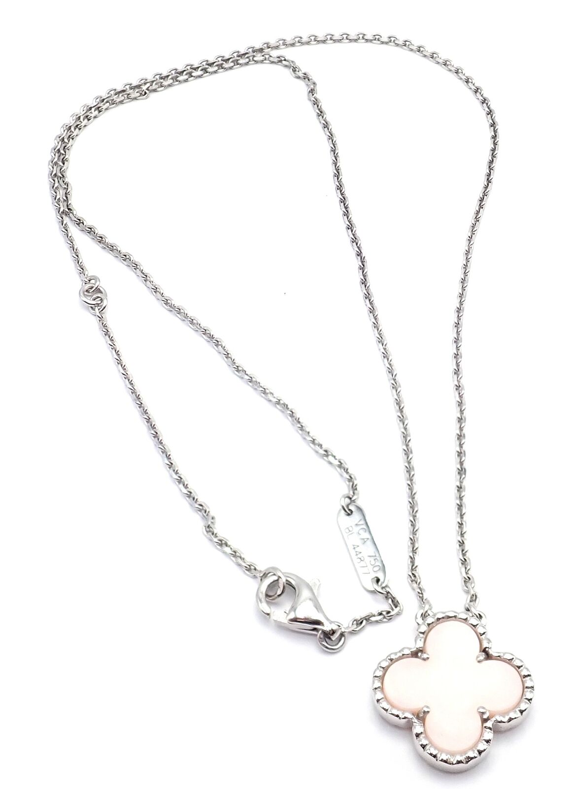 Authentic! Van Cleef & Arpels Alhambra 18k White Gold Pink Opal Necklace Cert. | Fortrove