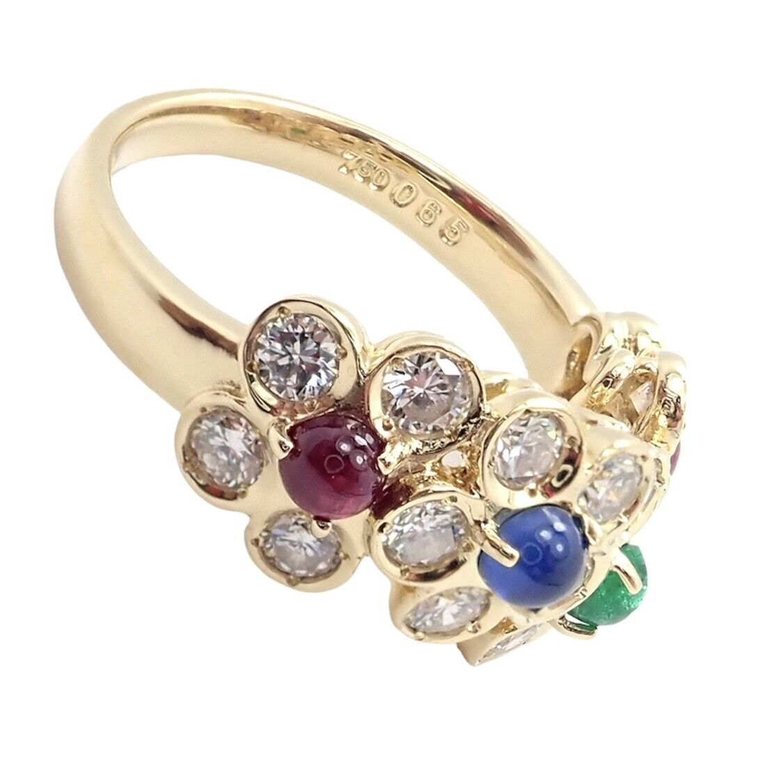 Rare! Authentic Christian Dior 18k Yellow Gold Ruby Emerald Diamond Flower Ring | Fortrove