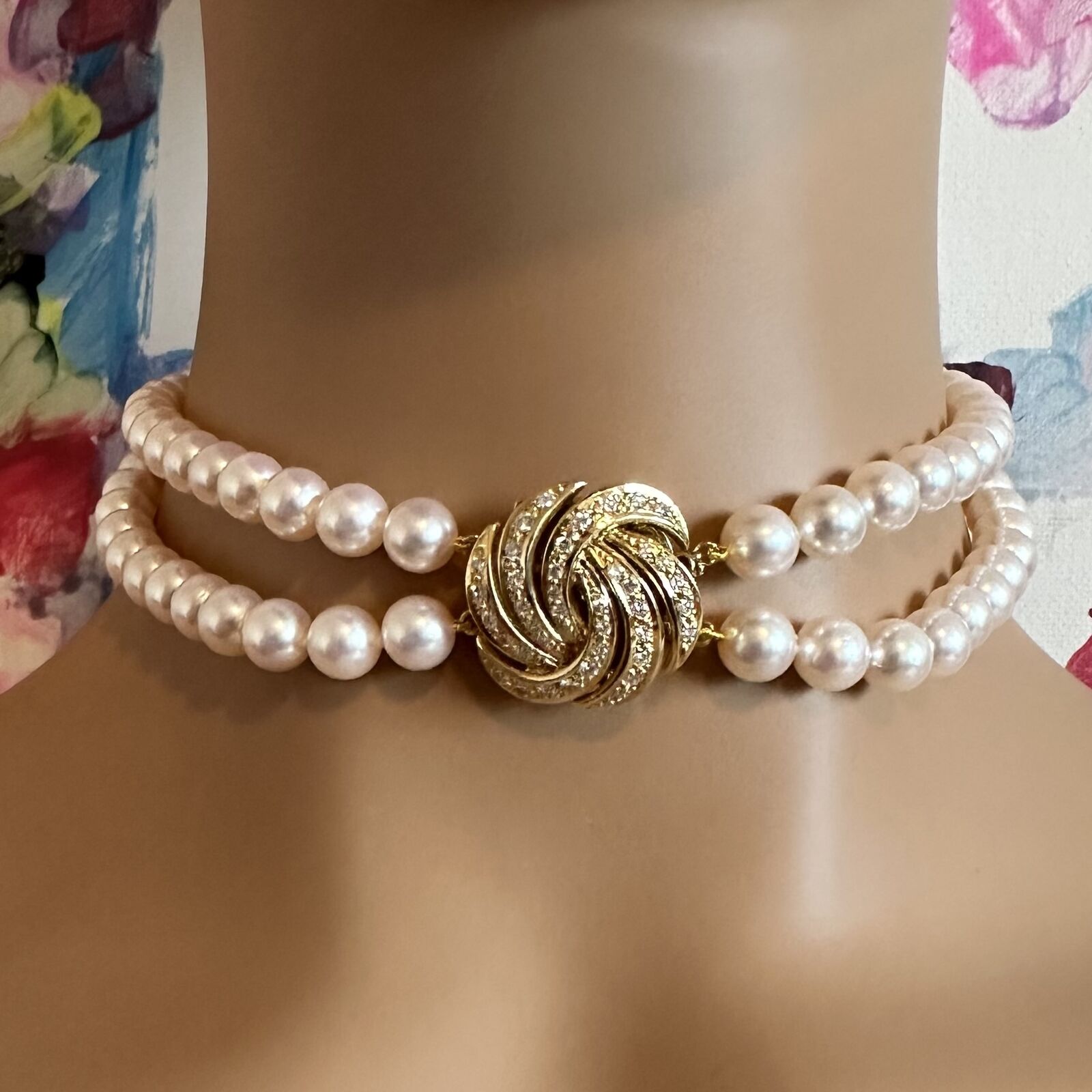 Authentic! Mikimoto 18k Yellow Gold Diamond Double Strand 8mm Pearl Necklace | Fortrove