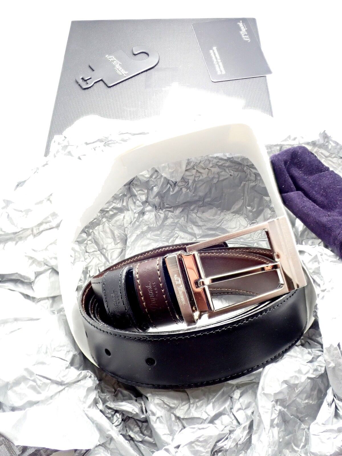 Authentic S. T. Dupont Black Leather Palladium Belt w/ Box + Card 47" | Fortrove
