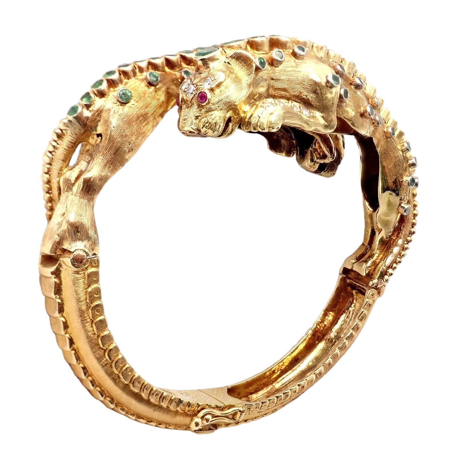 Vintage! Ilias Lalaounis 18k Yellow Gold Emerald Diamond Lioness Bangle Bracelet | Fortrove