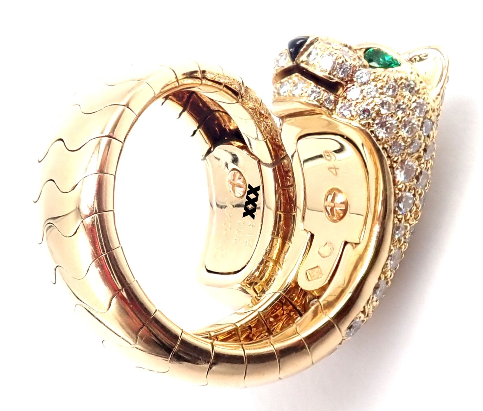 Authentic! Cartier Panther 18k Yellow Gold Diamond Emerald Onyx Band Ring | Fortrove