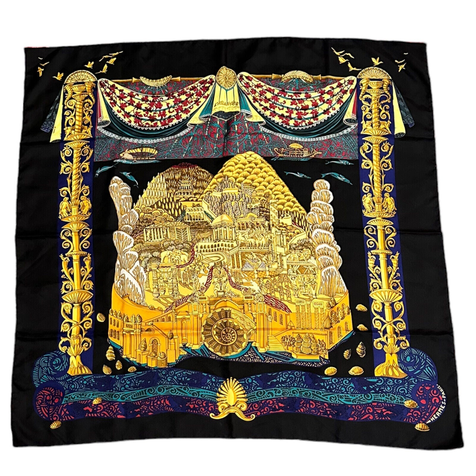 Hermes Carre L'Atlantide Atlantis Vintage 90cm Black Multicolor Silk Scarf | Fortrove
