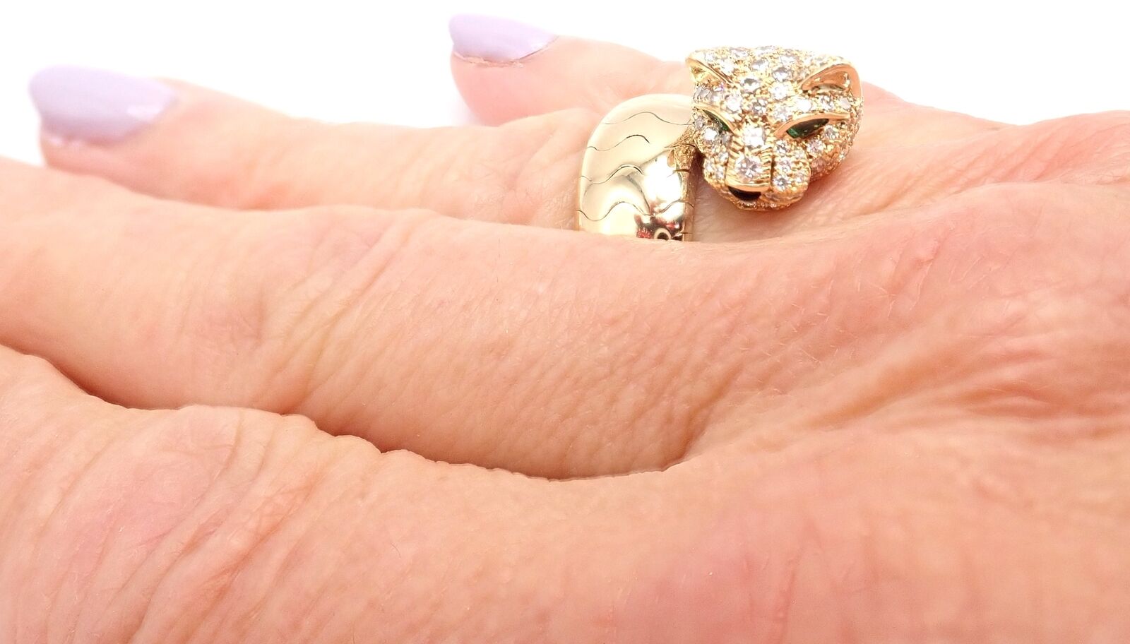 Authentic! Cartier Panther 18k Yellow Gold Diamond Emerald Onyx Band Ring | Fortrove