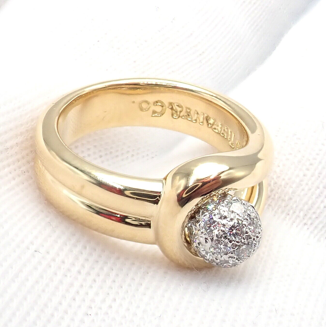 Authentic! Tiffany & Co 18k Yellow Gold + Platinum Diamond Ball Ring sz 4.25 | Fortrove