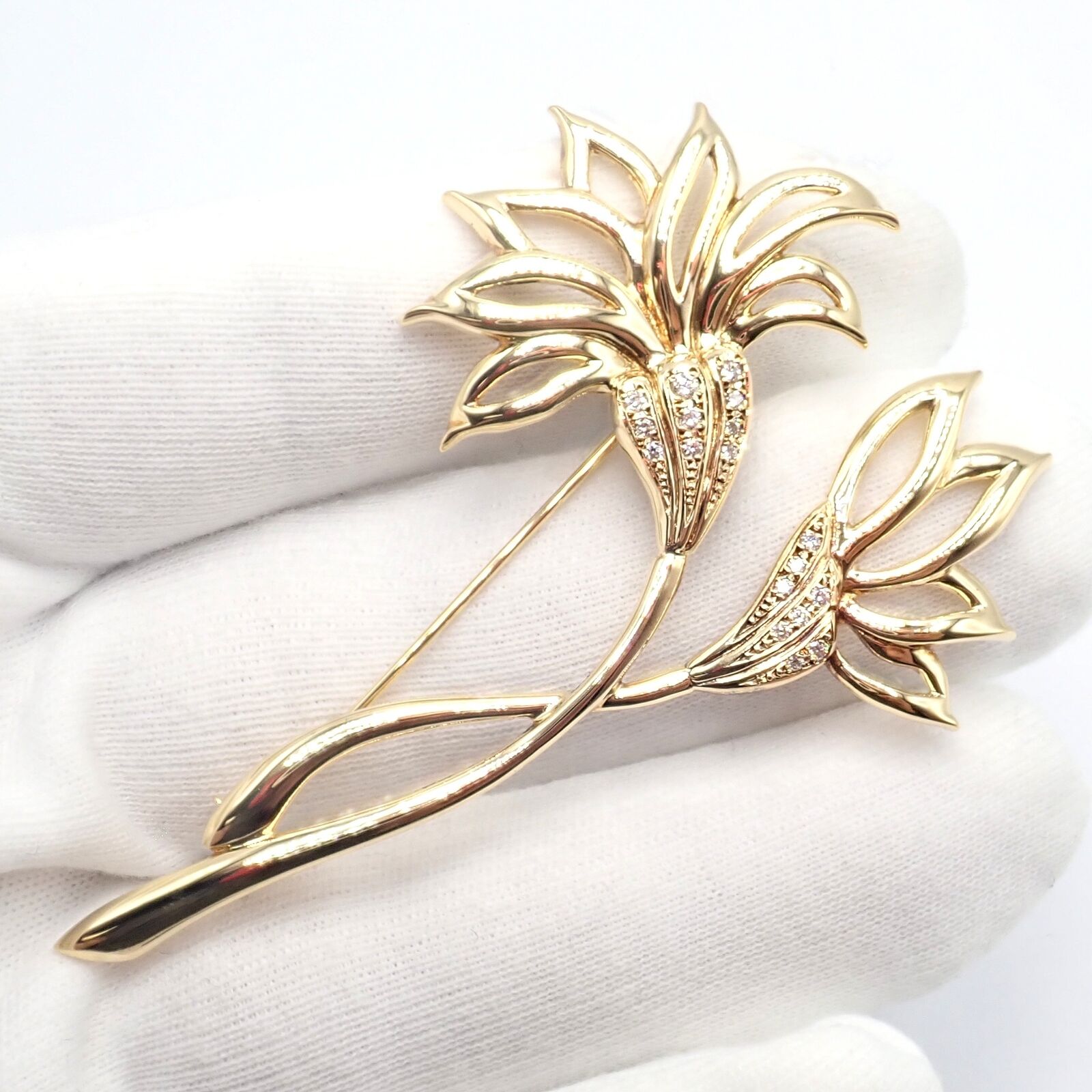Rare! Vintage Mikimoto 18k Yellow Gold Diamond Large Double Flower Brooch | Fortrove
