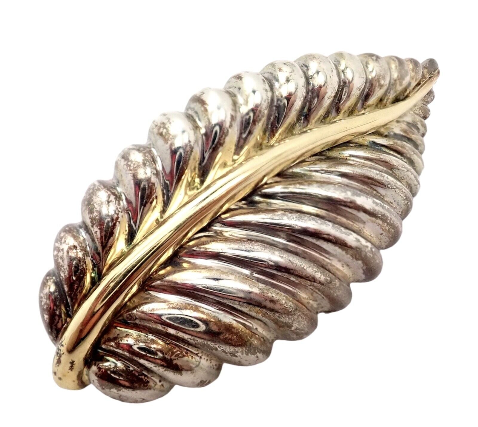 Authentic! Tiffany & Co 18k Yellow Gold Silver Leaf Pin Brooch 2003 | Fortrove
