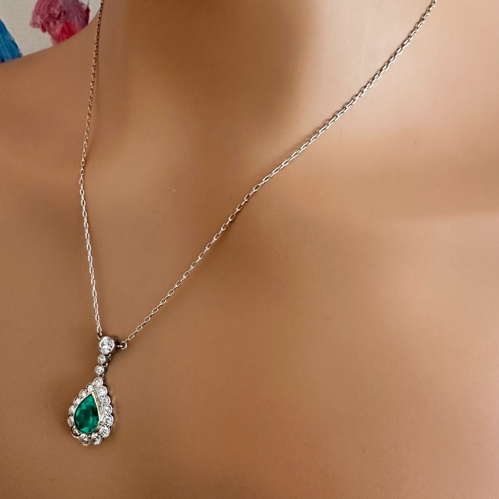 Vintage Estate Platinum Diamond Emerald Earrings Necklace Set | Fortrove