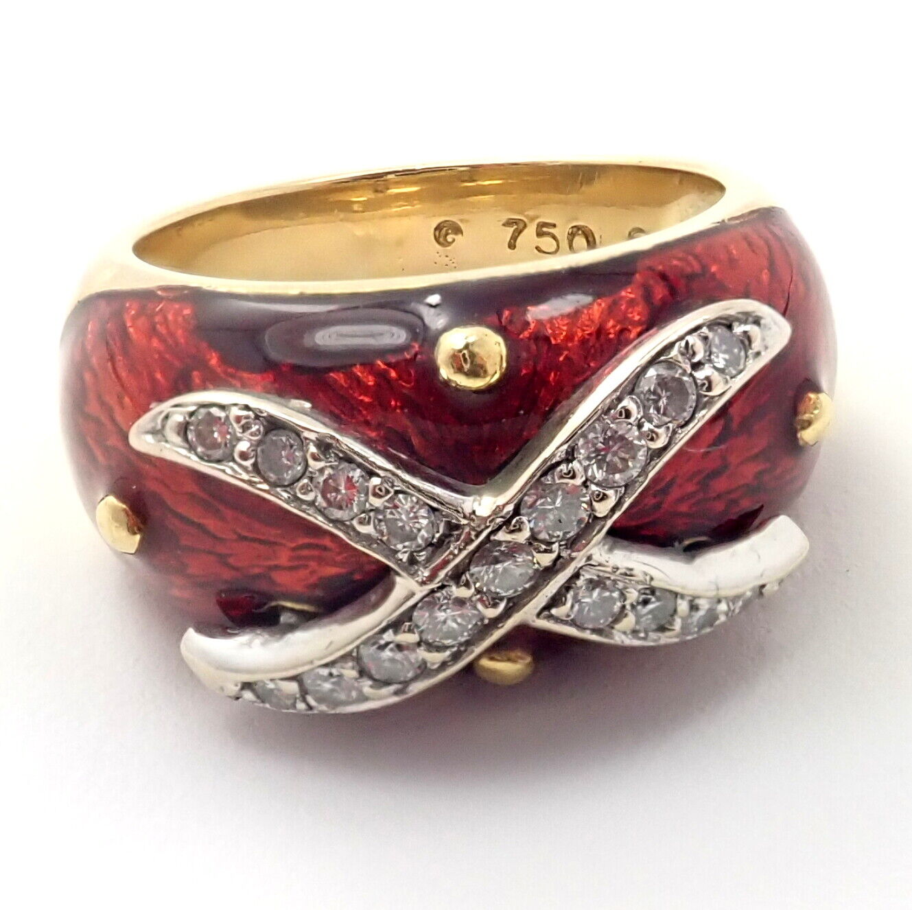 Authentic! Hidalgo 18K Yellow Gold Red Enamel X Diamond Ring Sz 5 | Fortrove