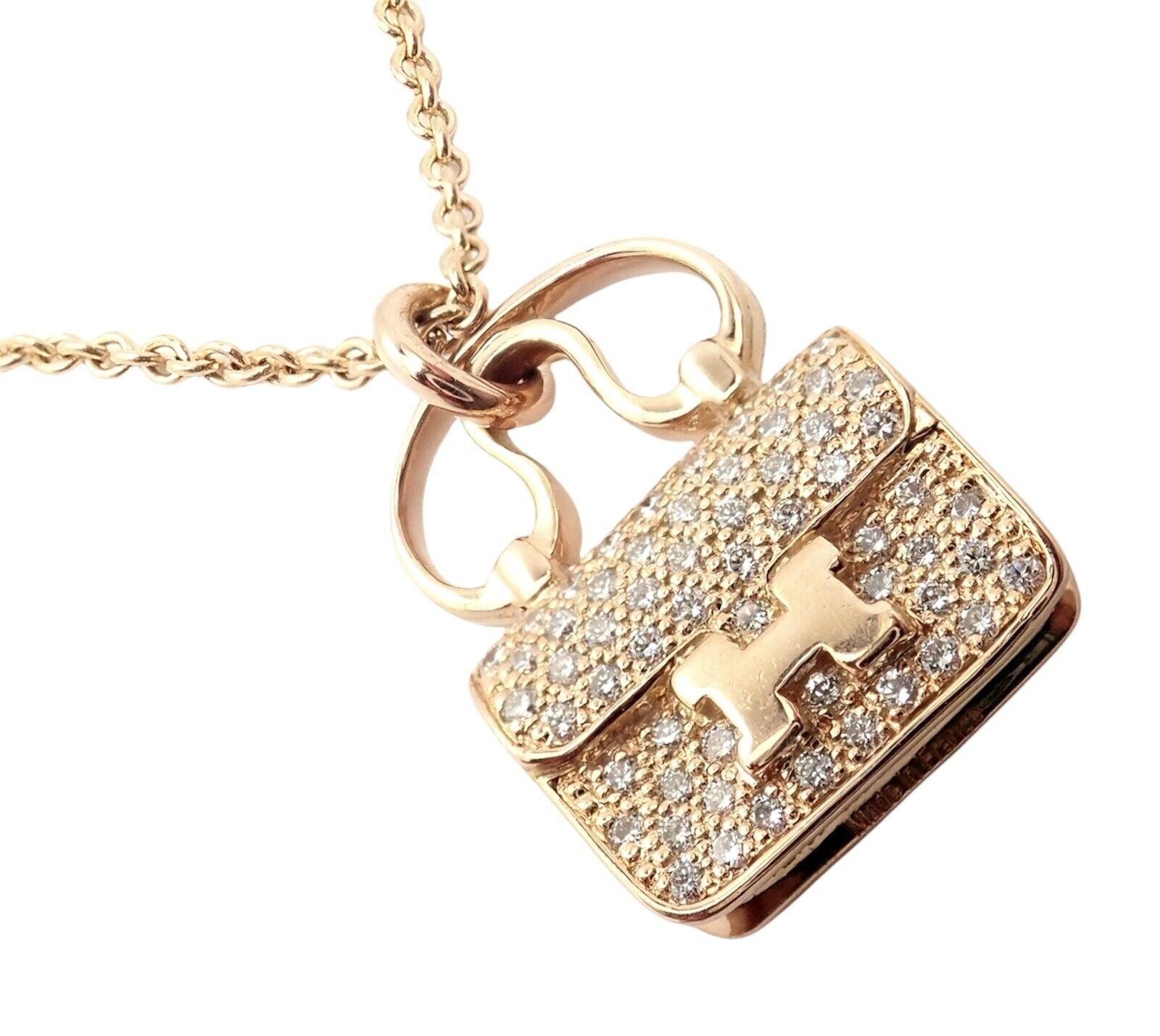 Rare! Authentic Hermes 18k Rose Gold Diamond Constance Amulette Pendant Necklace | Fortrove