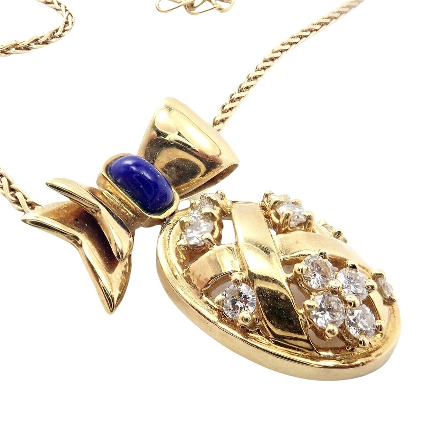 Authentic! Christian Dior 18k Yellow Gold Lapis Diamond Egg Pendant Necklace | Fortrove