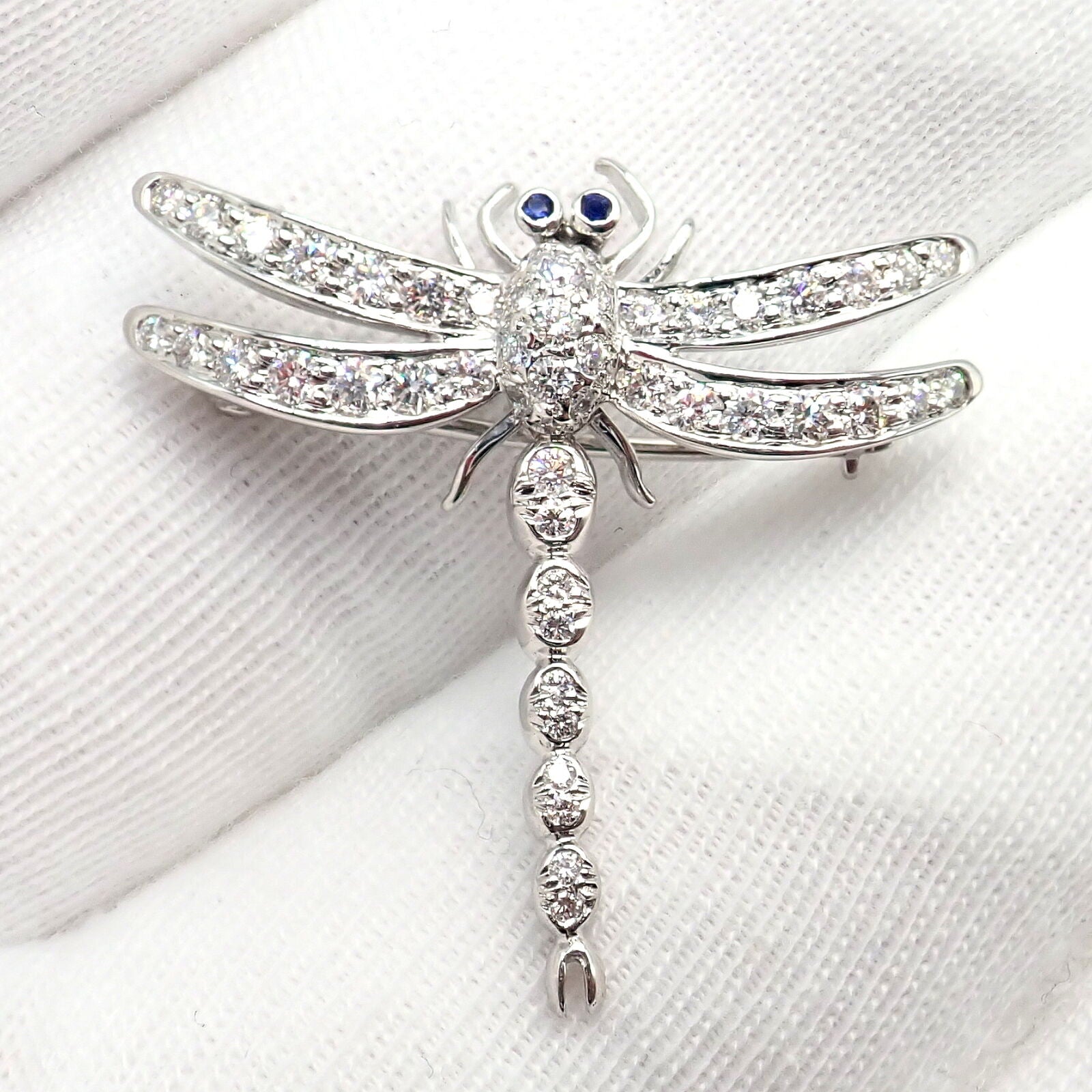 Rare! Authentic Tiffany & Co. Platinum Dragonfly Diamond Sapphire Pin Brooch | Fortrove