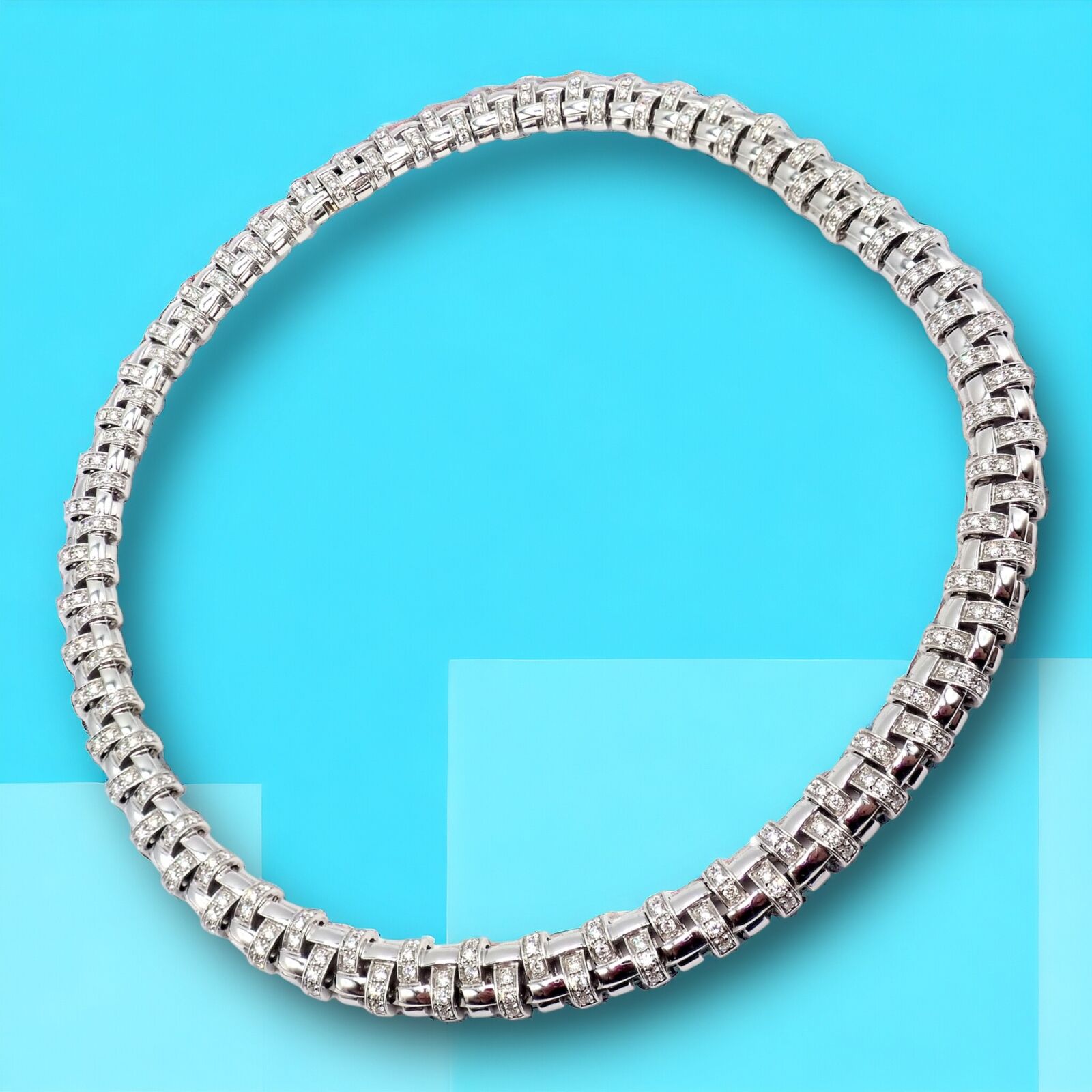 Authentic! Tiffany & Co Vannerie 18k White Gold Basket Weave Diamond Necklace | Fortrove