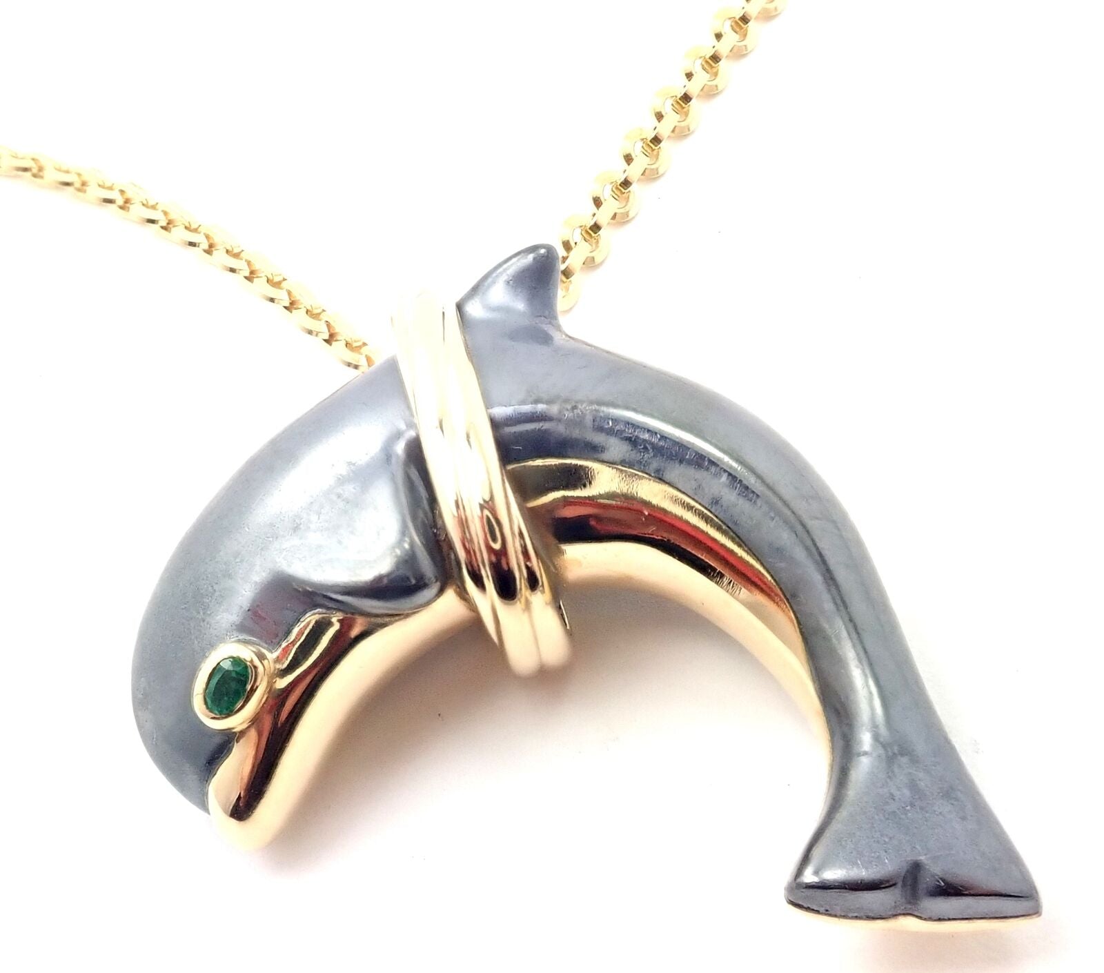 Rare! Authentic Cartier 18k Yellow Gold Hematite Dolphin Pendant Link Necklace | Fortrove