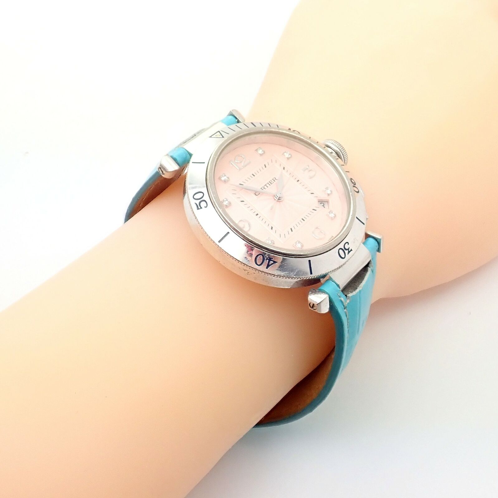 Authentic! Cartier 18k White Gold Pasha Pink Dial Miami Diamond Automatic Watch | Fortrove