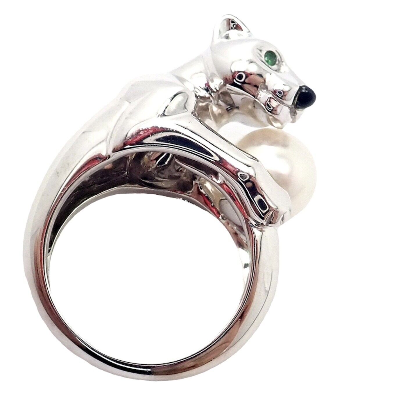 Authentic! Cartier 18k White Gold Panther Panthere Onyx Tsavorite Pearl Ring | Fortrove