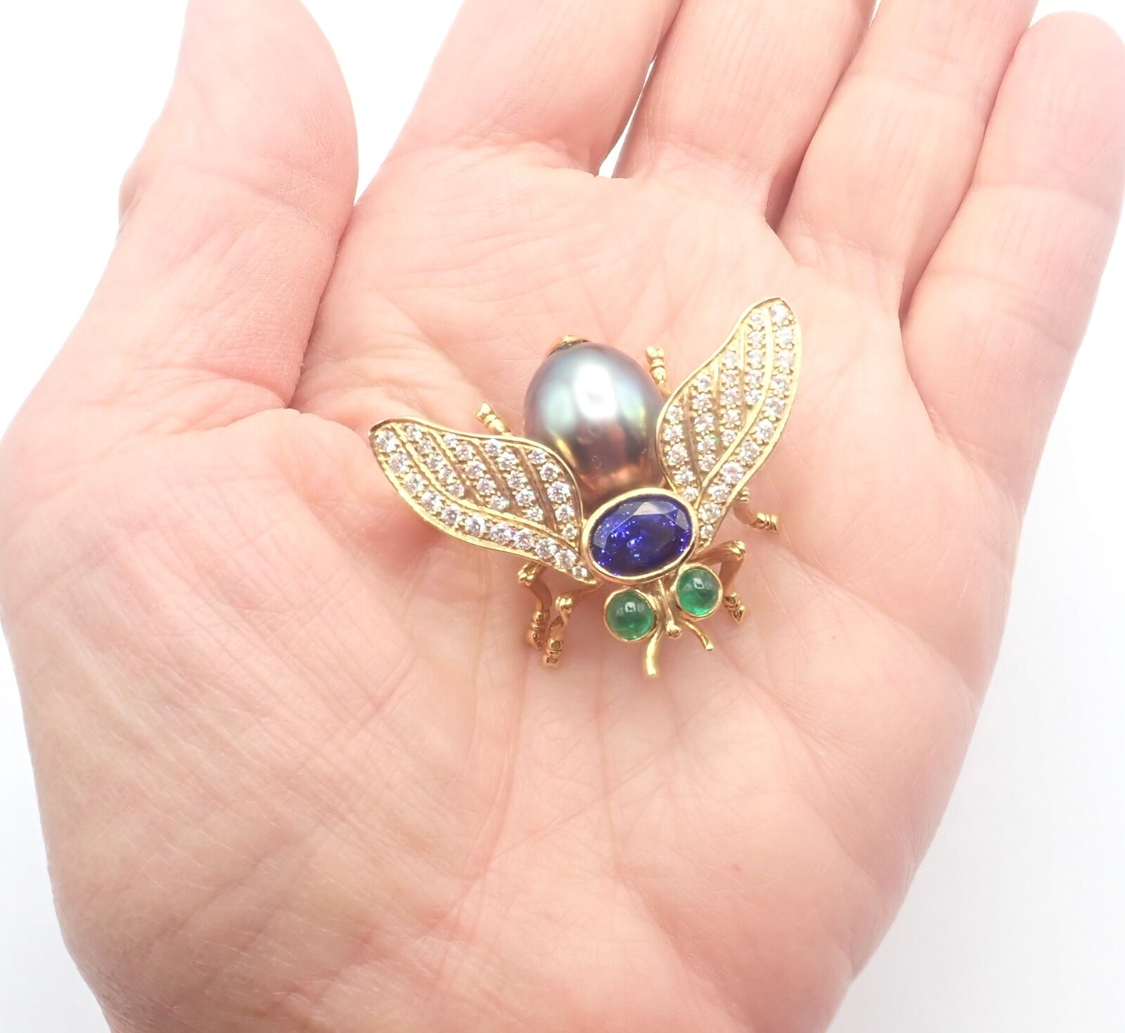 Tiffany & Co 18k Gold Diamond Tahitian Pearl Tanzanite Emerald Fly Pin Brooch | Fortrove