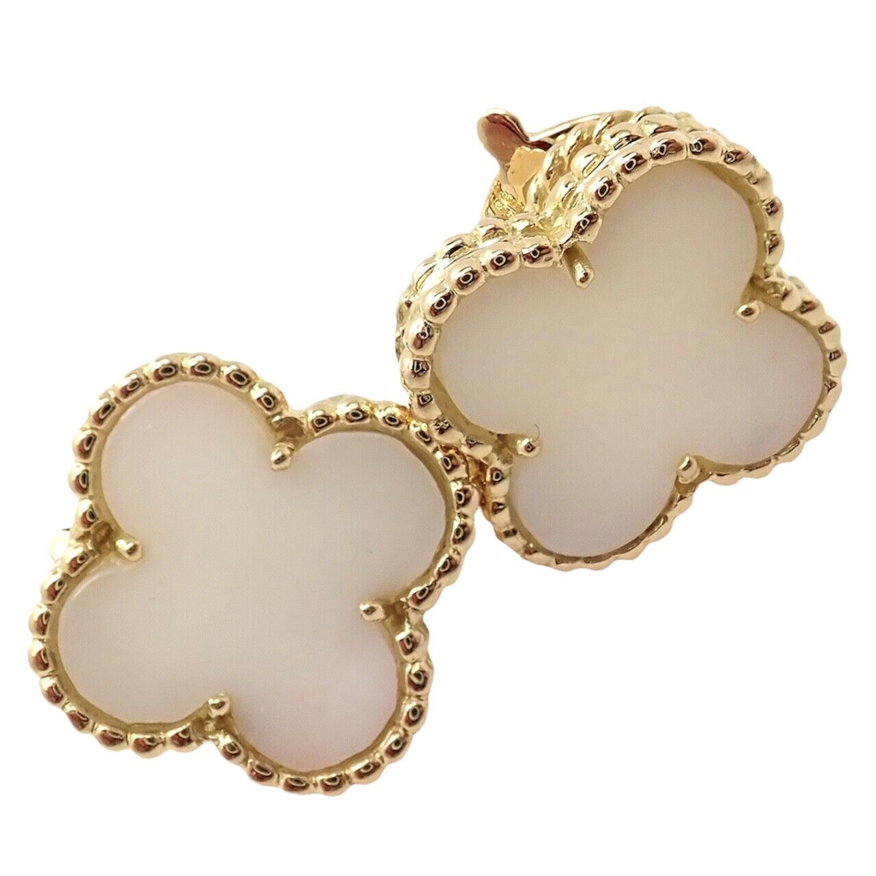 Rare! Van Cleef & Arpels Vintage Alhambra 18k Yellow Gold White Coral Earrings | Fortrove