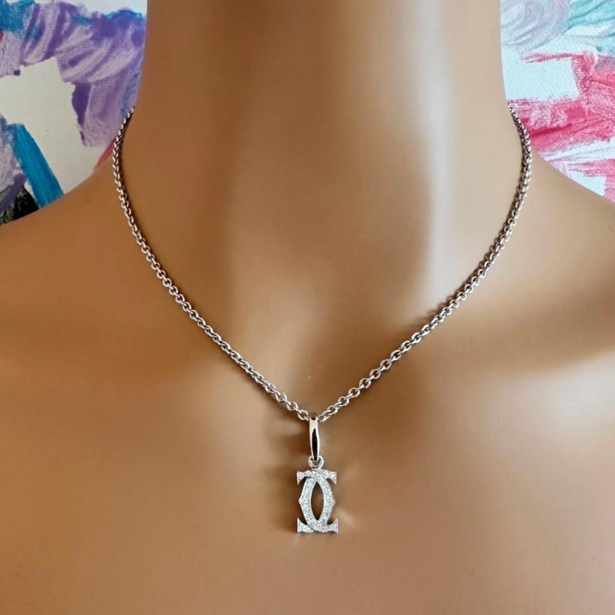 Authentic! Cartier Double C 18k White Gold Diamond Pendant Necklace | Fortrove