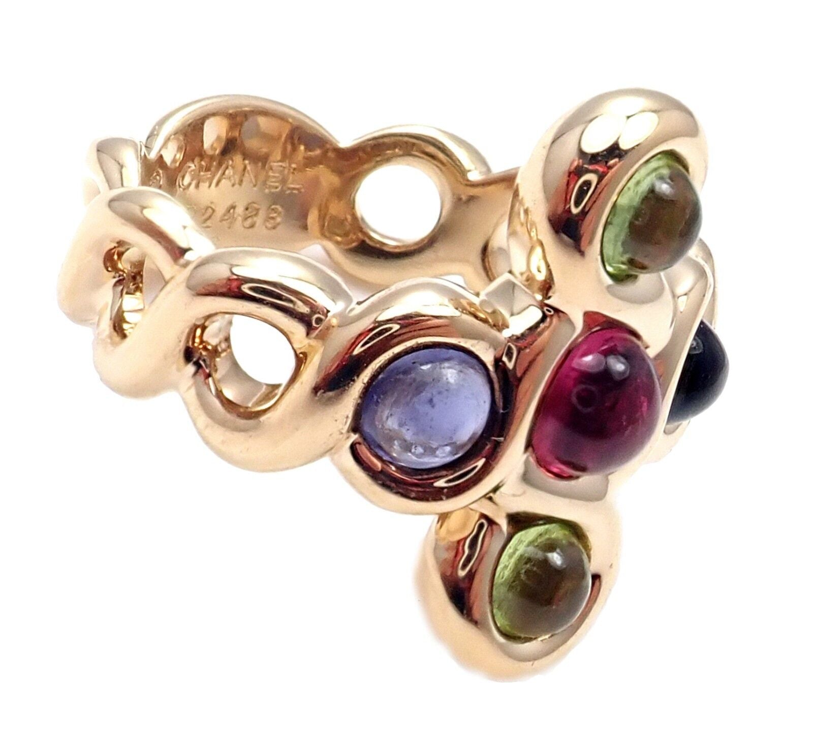 Authentic! Chanel 18k Yellow Gold Pink Green Tourmaline Ring sz 4.5 | Fortrove