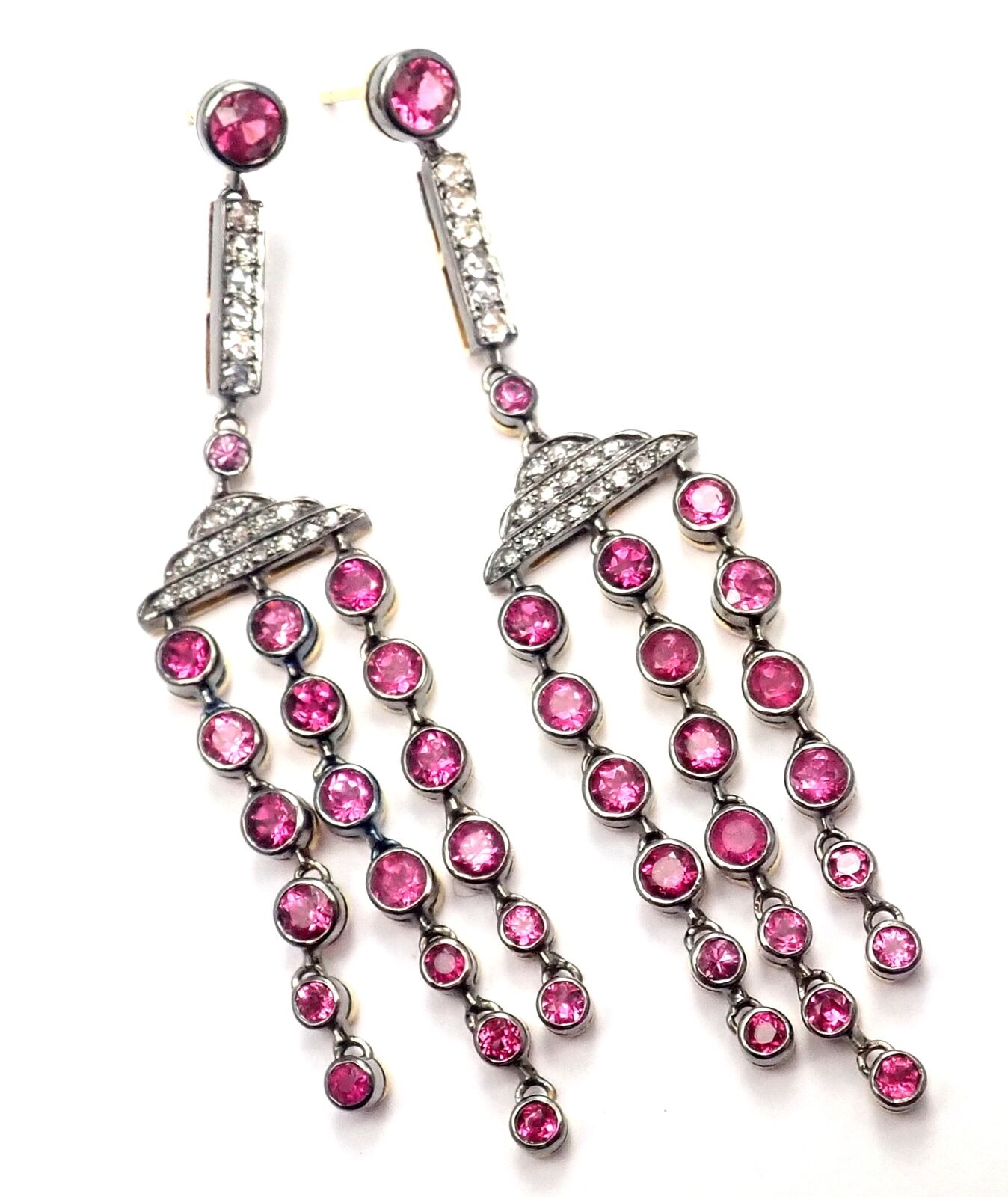 Rare! Authentic Laura Munder 18k Yellow Gold Diamond Pink Sapphire Earrings | Fortrove