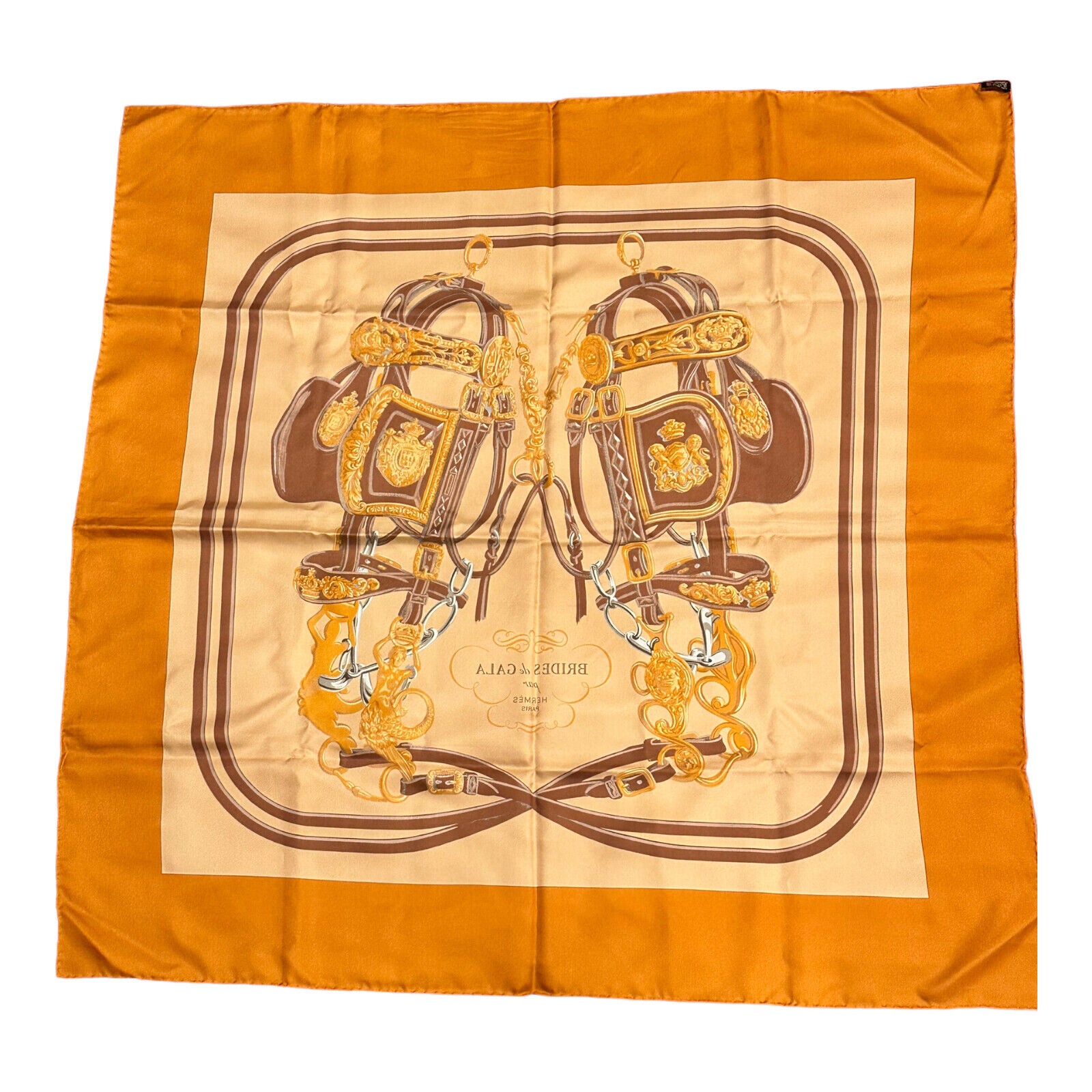 Authentic! Hermes Brides De Gala 90cm Orange Brown Silk Scarf | Fortrove