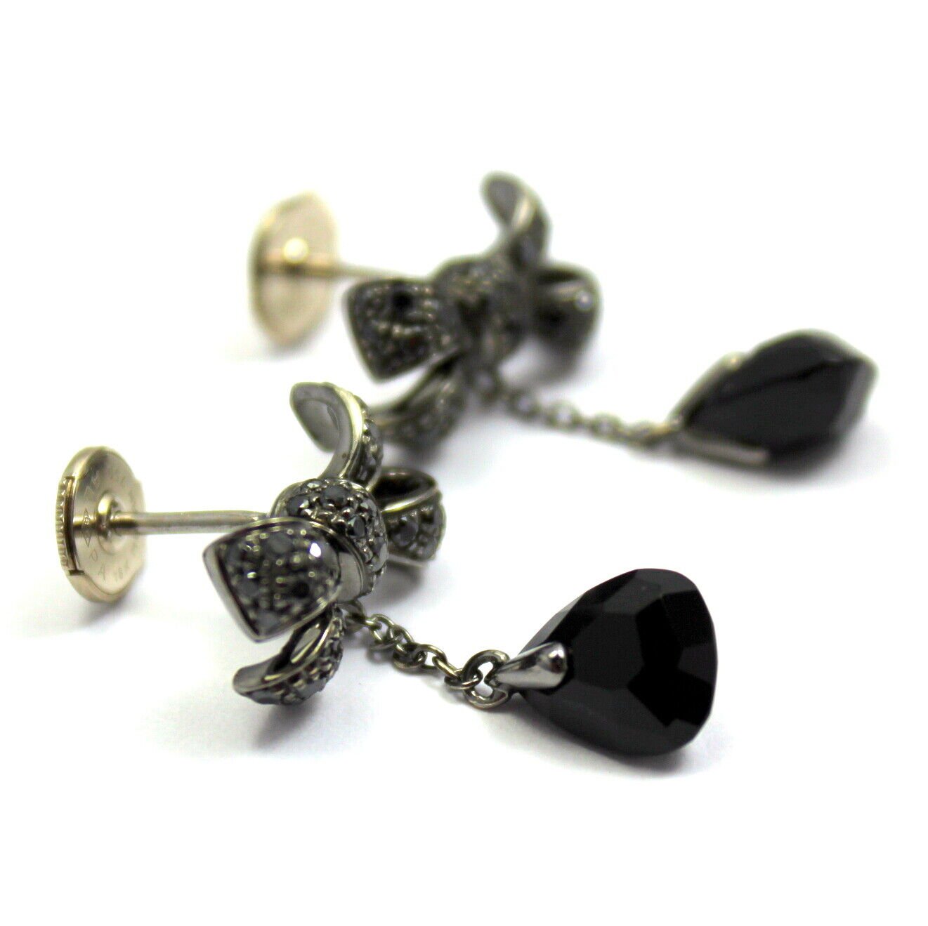 Rare! Authentic Pomellato 18k White Gold Black Diamond Onyx Drop Bow Earrings | Fortrove