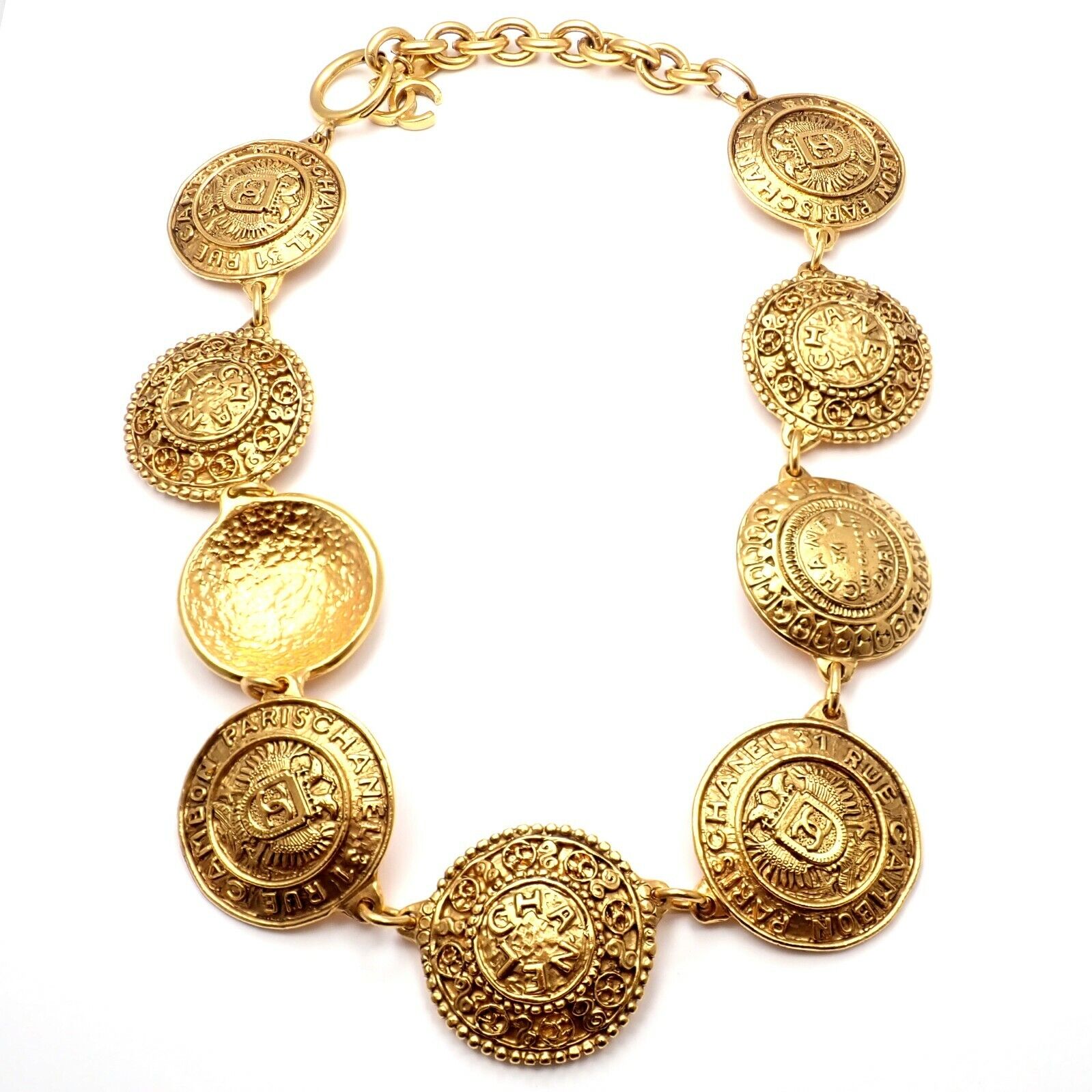 Chic! Authentic Chanel Vintage Gold Tone Logo CC 9 Disc Motif Necklace | Fortrove