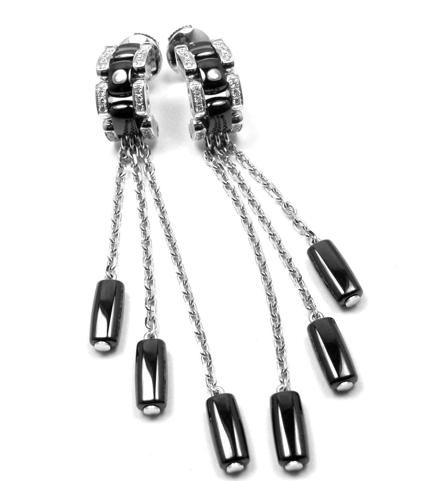 Authentic! Chanel Ulta 18k White Gold Diamond Black Ceramic Drop Earrings | Fortrove
