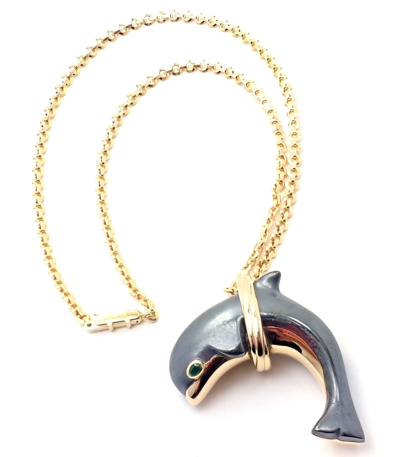 Rare! Authentic Cartier 18k Yellow Gold Hematite Dolphin Pendant Link Necklace | Fortrove