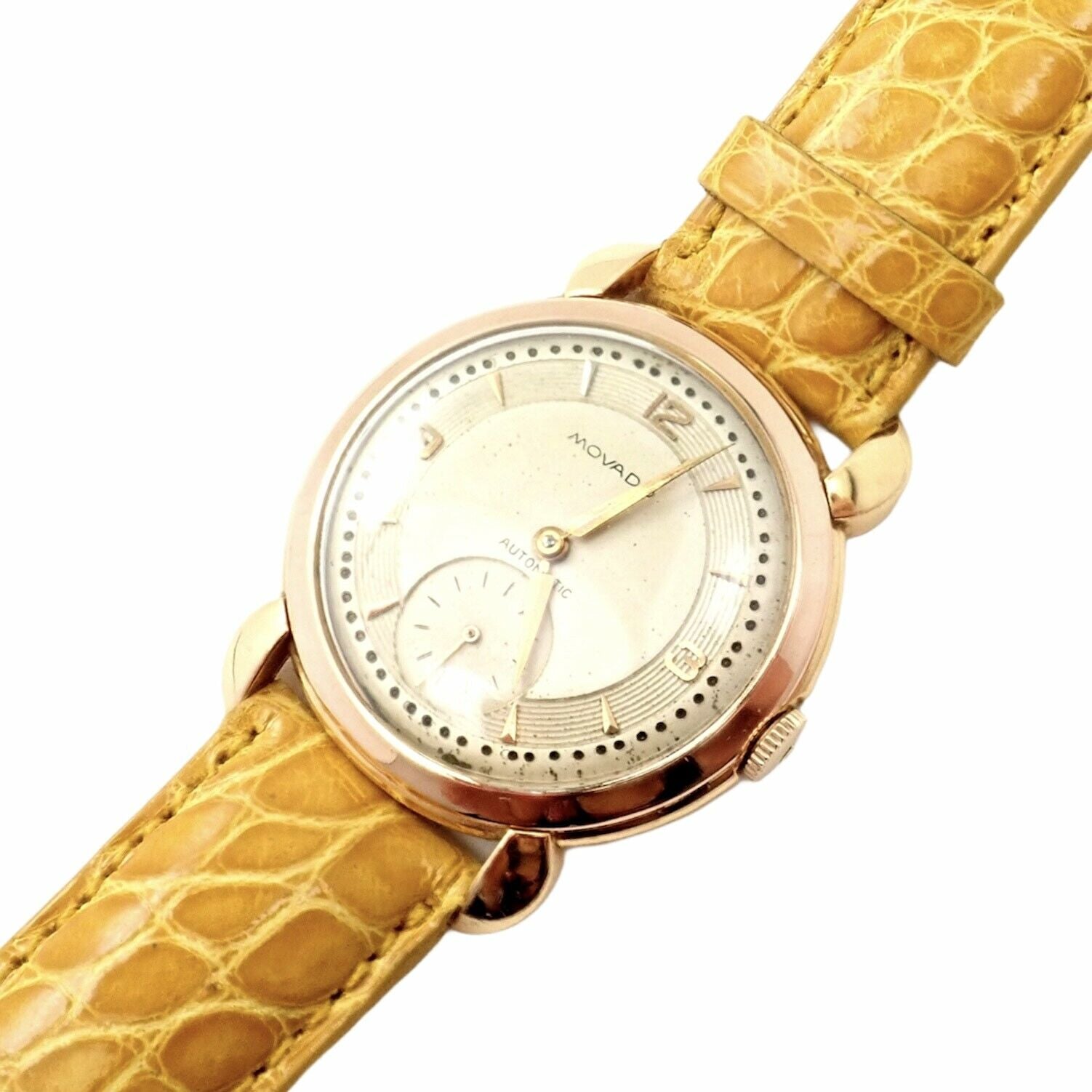 Movado Jewelry & Watches:Watches, Parts & Accessories:Watches:Wristwatches Movado 18k Yellow Gold Automatic Bumper Yellow Alligator Band Watch R8405