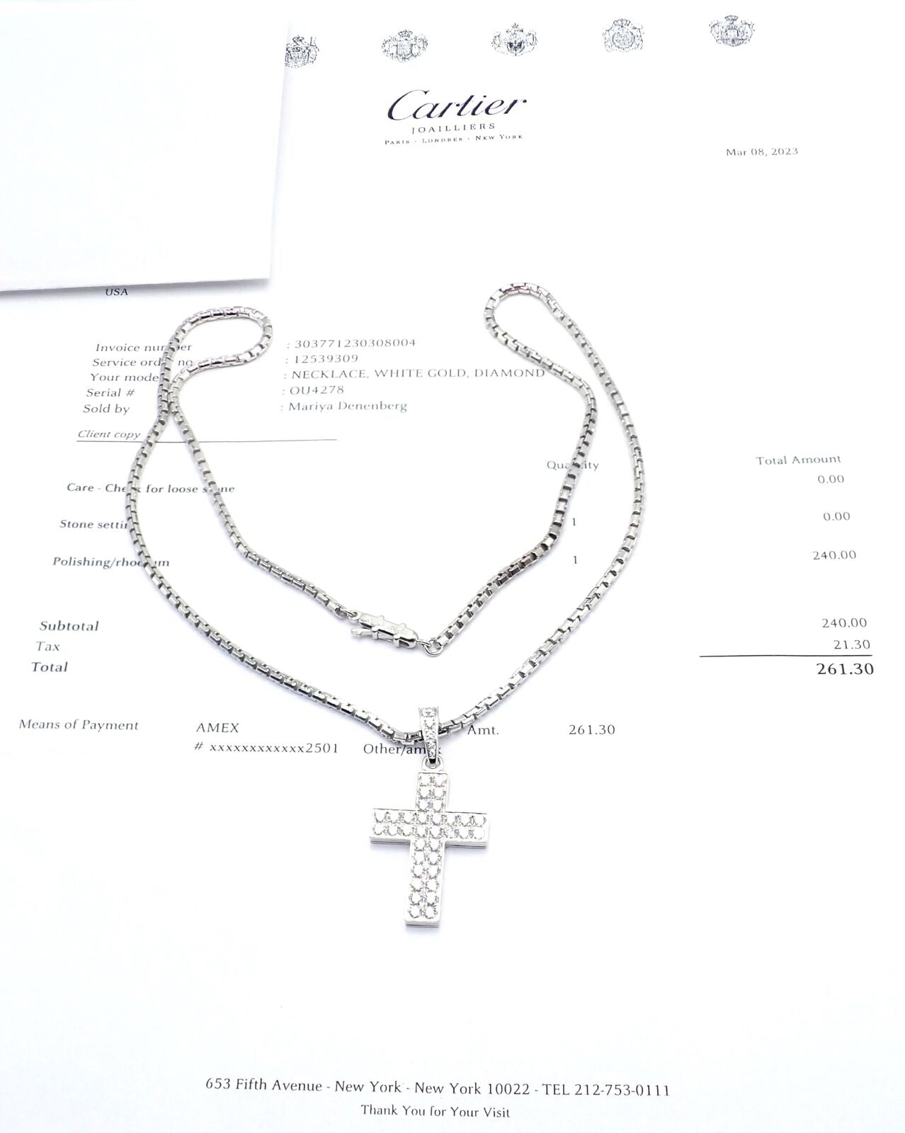 Authentic Cartier Cross 18k White Gold Diamond Charm Pendant Link Necklace Paper | Fortrove