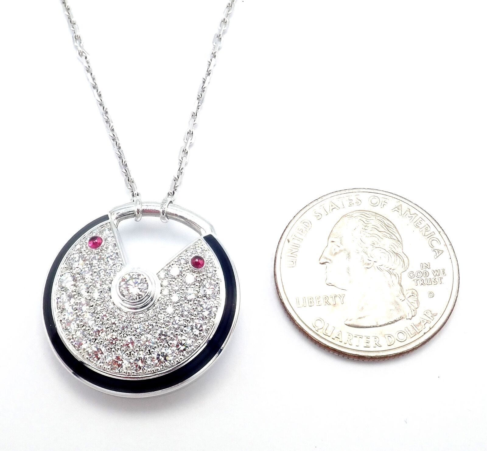 Authentic! Cartier Amulette 18k White Gold Diamond Ruby Large Pendant Necklace | Fortrove