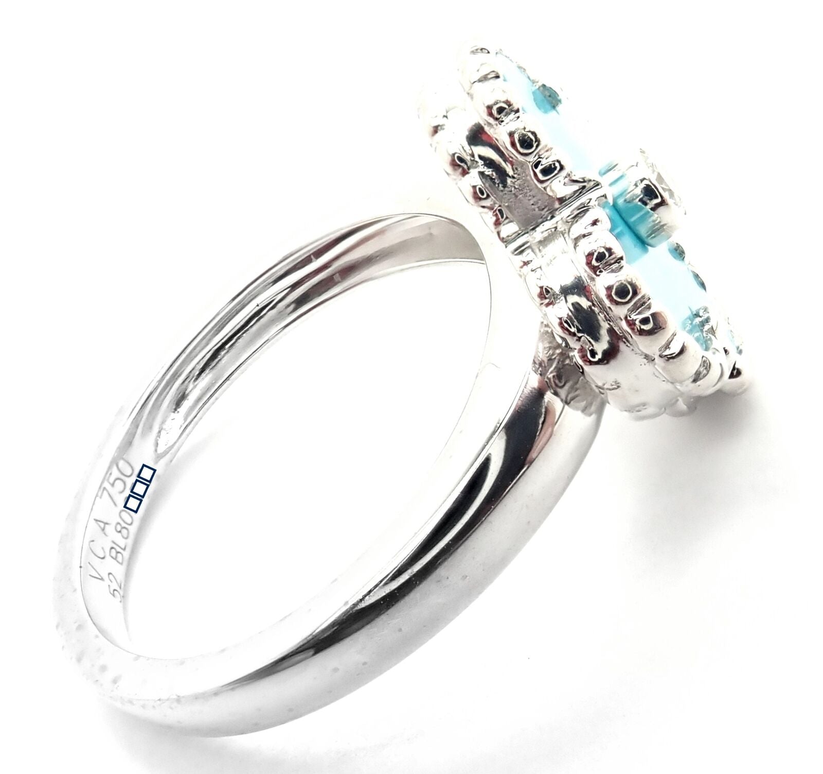 Authentic! Van Cleef & Arpels Alhambra 18k White Gold Diamond Turquoise Ring | Fortrove
