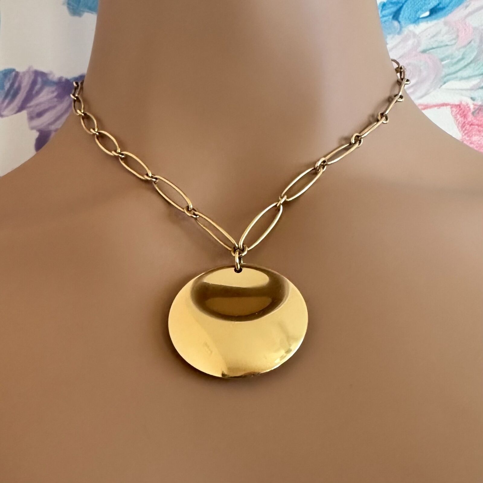 Authentic! Tiffany & Co Peretti 18k Yellow Gold 30mm Disc Pendant Necklace | Fortrove