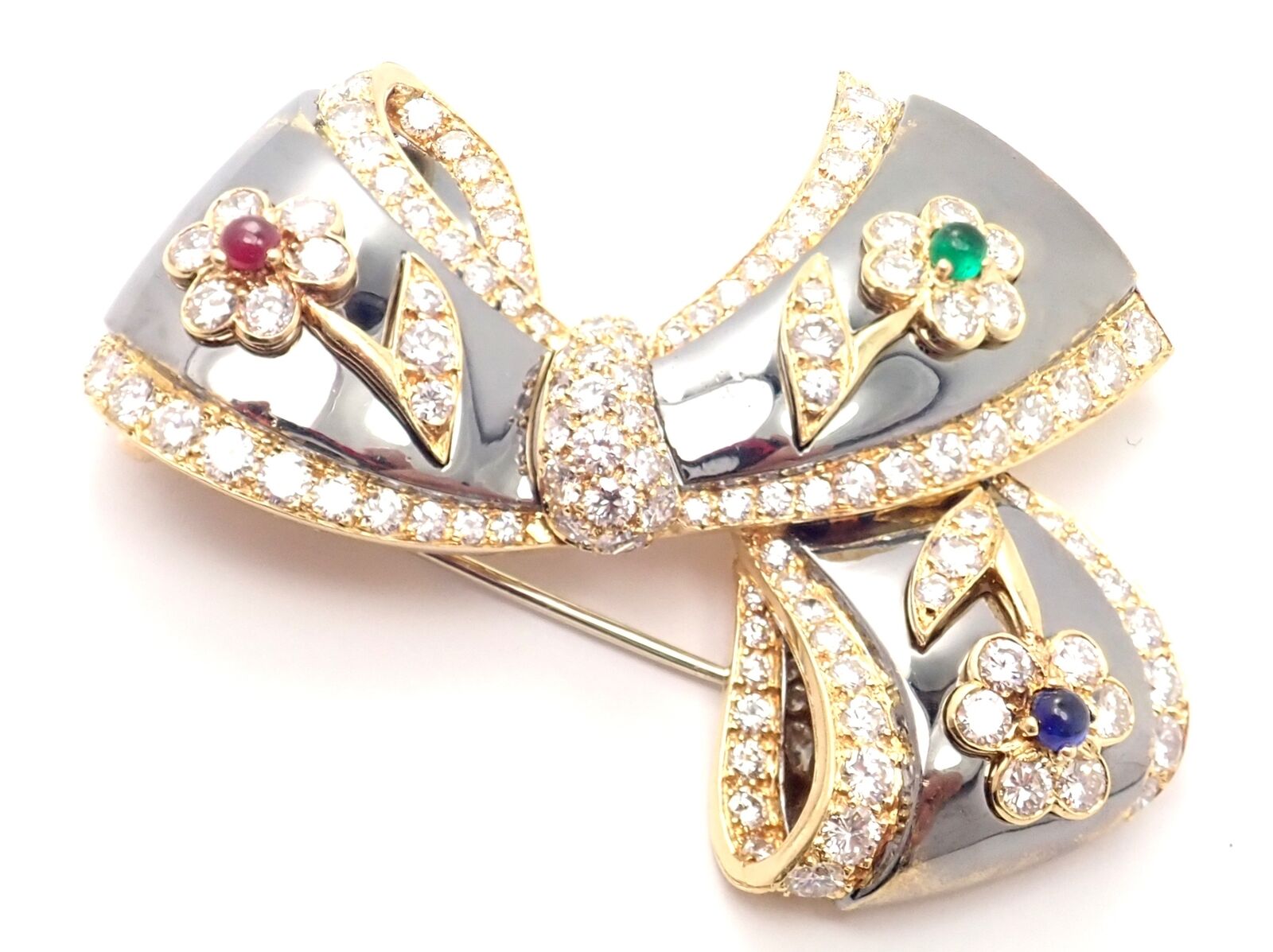 Rare Van Cleef & Arpels 18k Gold Diamond Ruby Emerald Sapphire Flower Pin Brooch | Fortrove