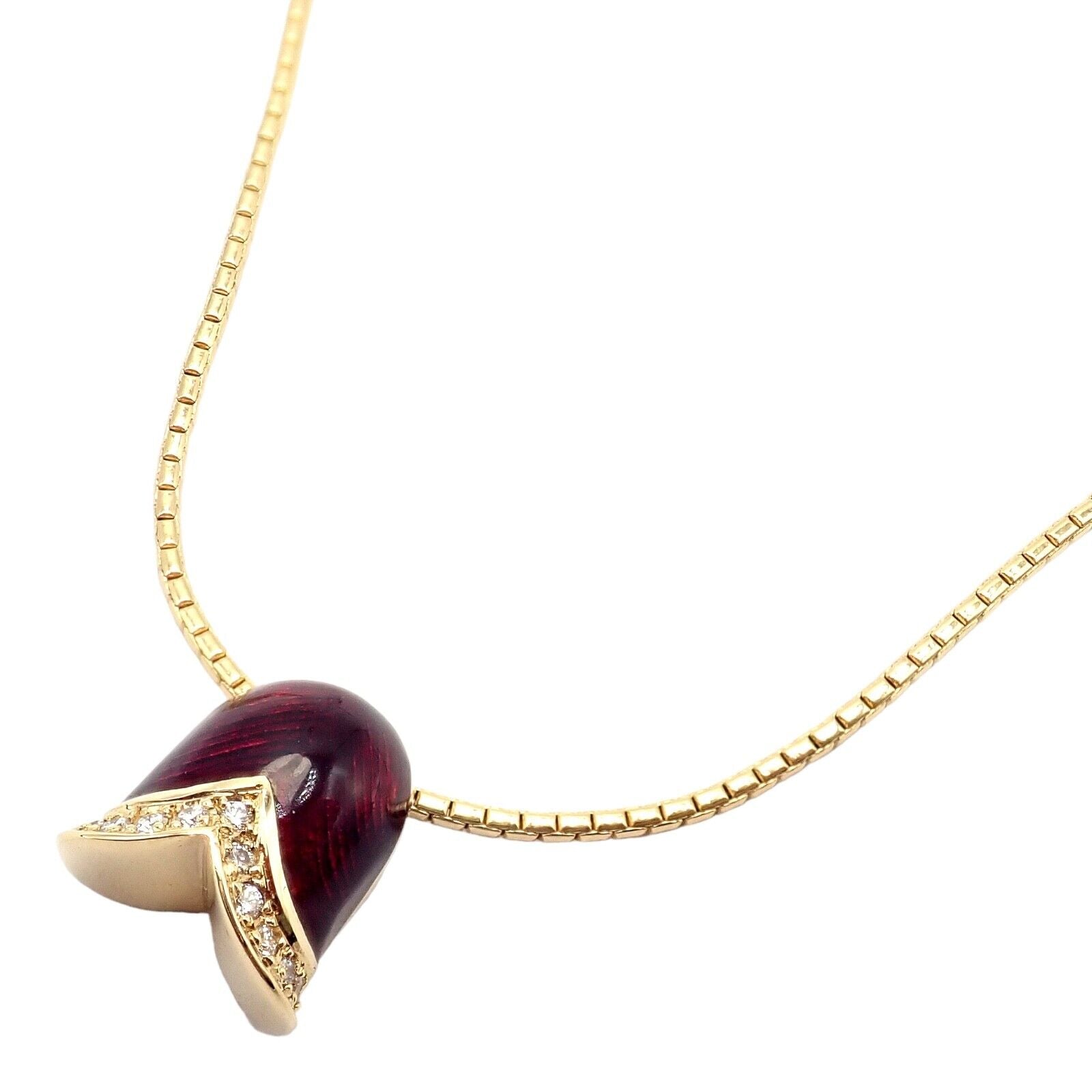 Authentic! Fabrege Diamond Tulip Red Enamel Pendant Necklace | Fortrove