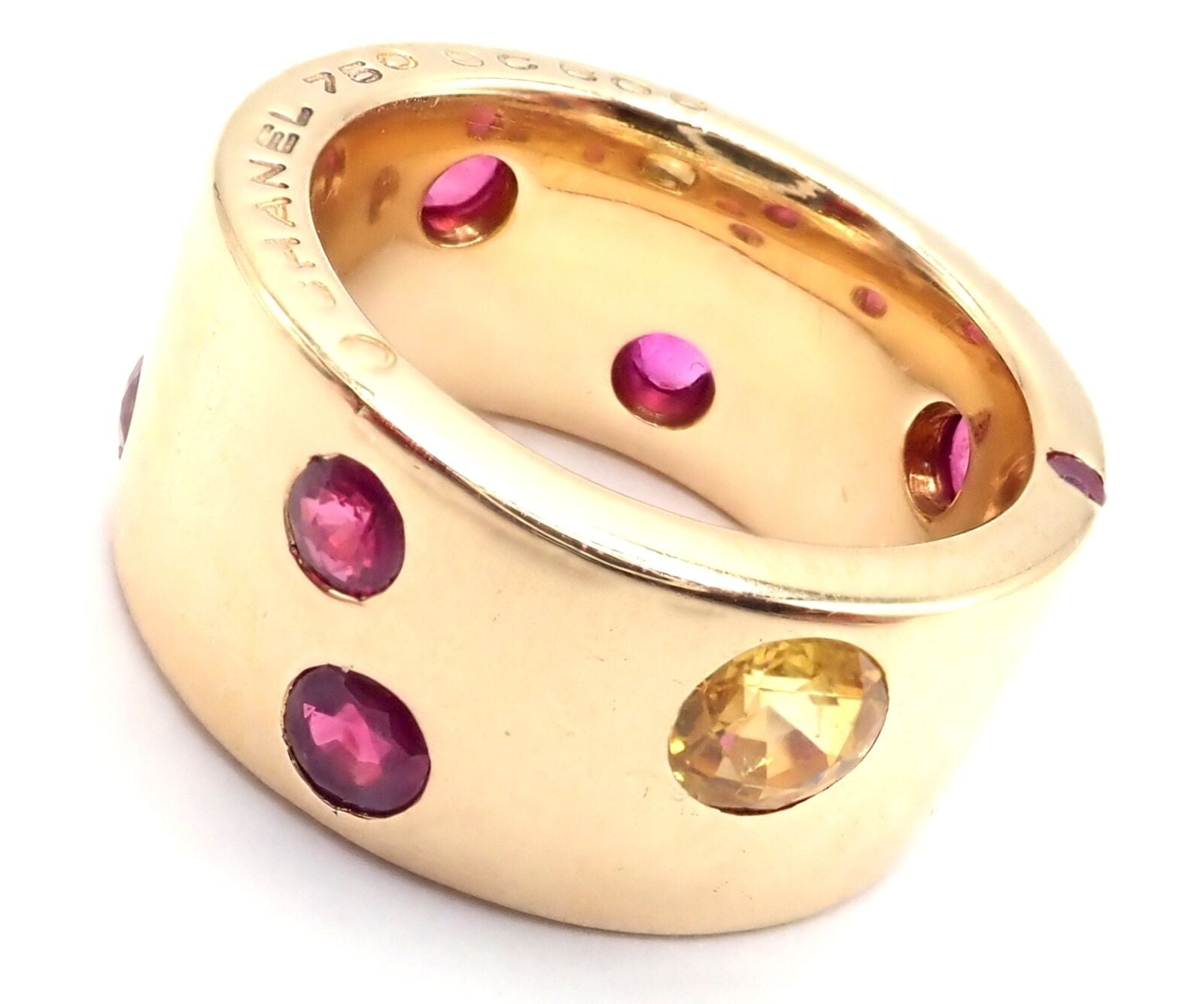 Authentic! Chanel 18k Yellow Gold Ruby Yellow Sapphire Wide Band Ring Size 5 | Fortrove