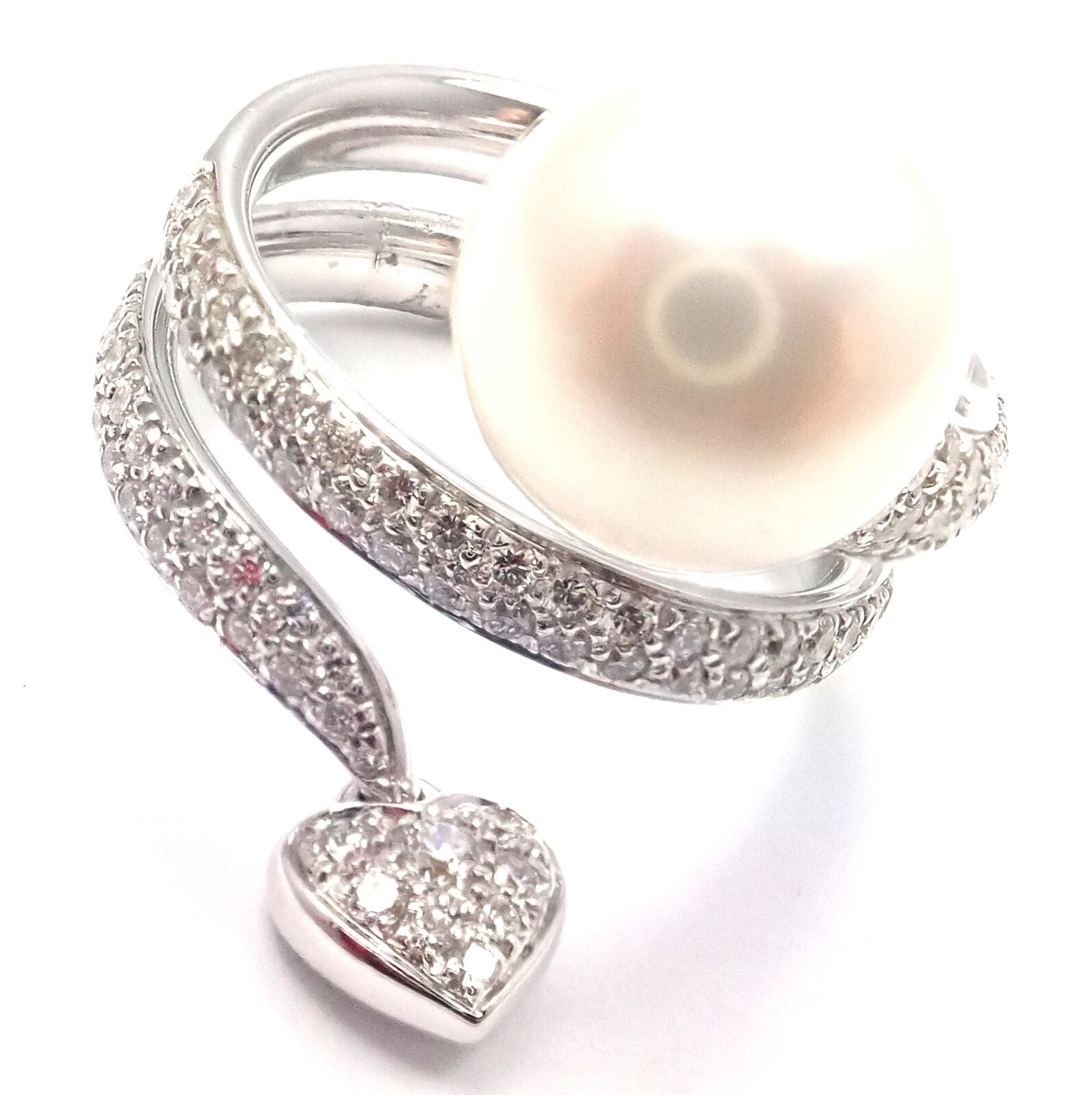 Rare! Authentic Mikimoto 18k White Gold Diamond South Sea Pearl Heart Ring Cert. | Fortrove