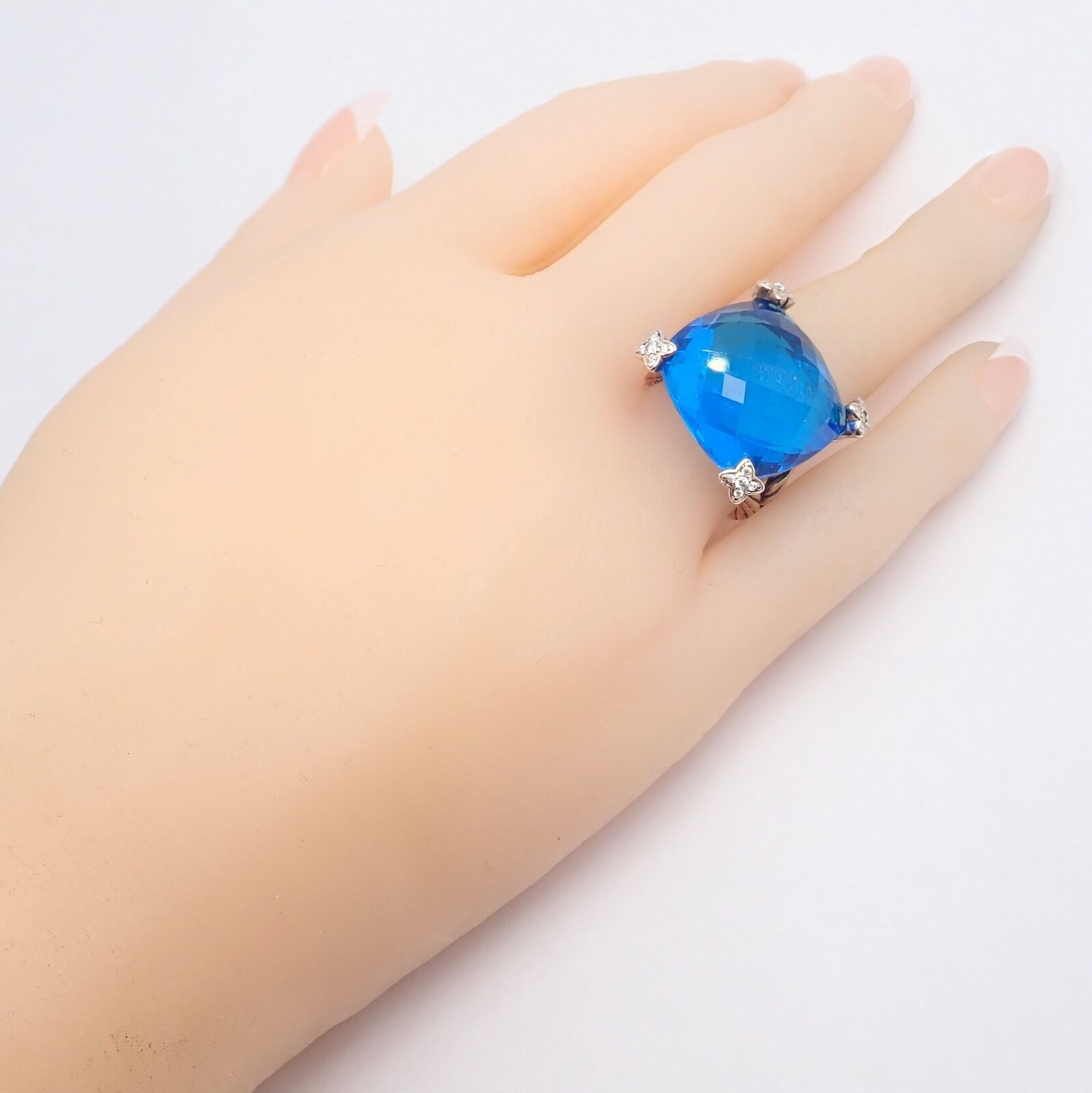 David Yurman Jewelry & Watches:Fine Jewelry:Rings David Yurman DY Silver Diamond 20mm Blue Topaz Cushion On Point Ring 7.5