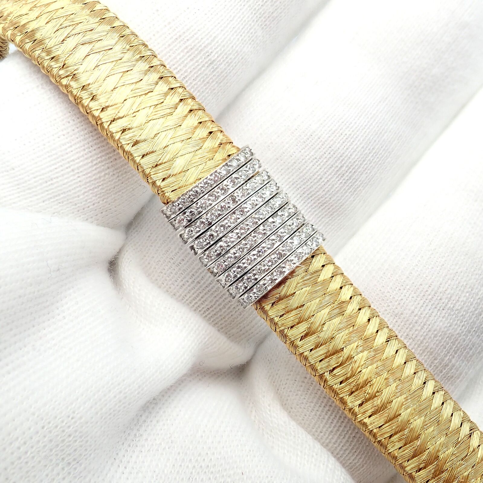 Authentic! Roberto Coin 18k Yellow Gold 9 Row Diamond Silk Weave Bracelet | Fortrove