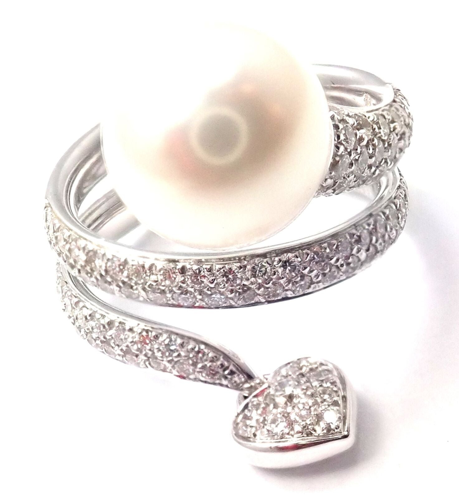 Rare! Authentic Mikimoto 18k White Gold Diamond South Sea Pearl Heart Ring Cert. | Fortrove