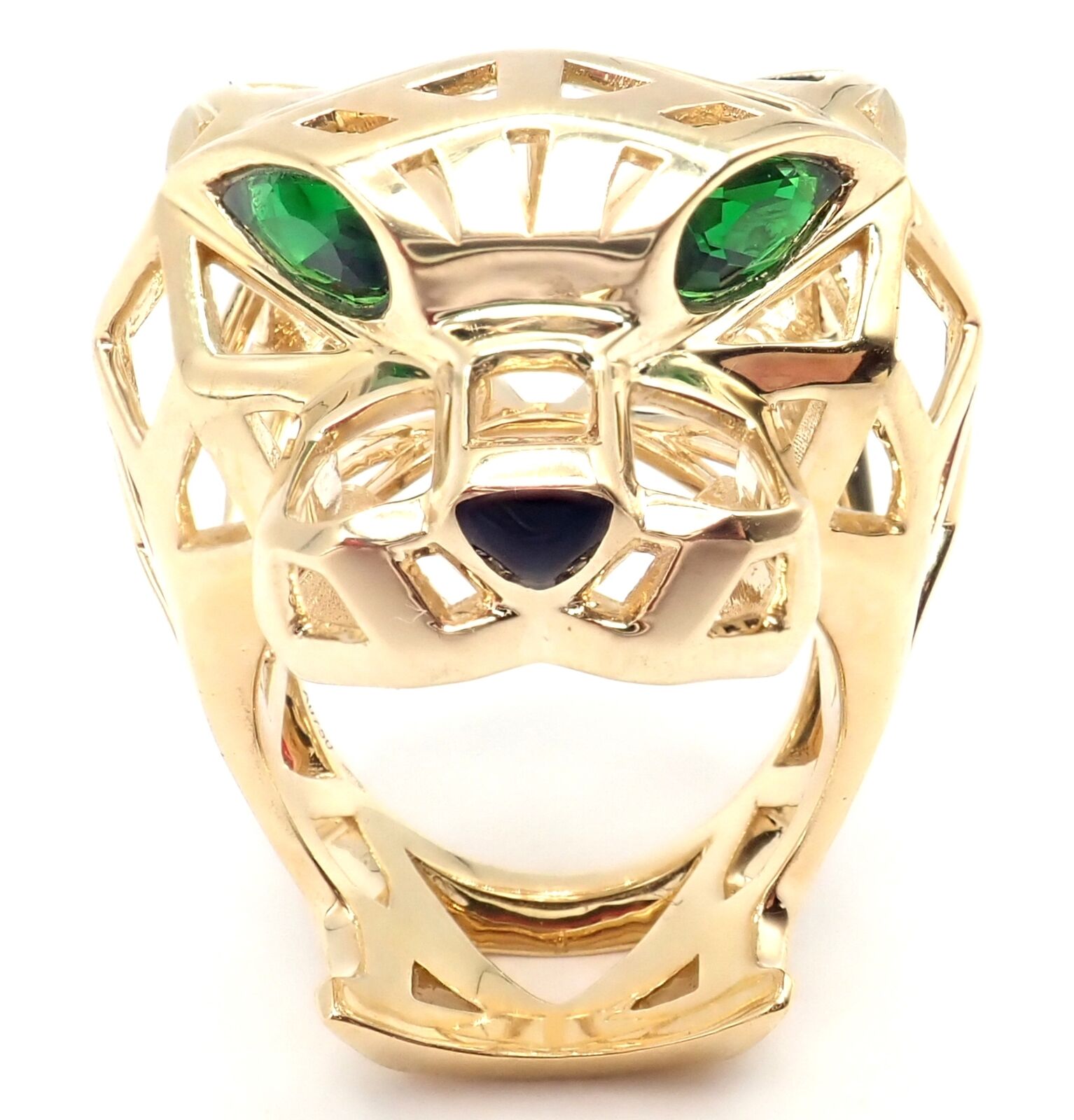 Authentic! Cartier Panther Panthere 18k Yellow Gold Tsavorite Onyx Large Ring | Fortrove